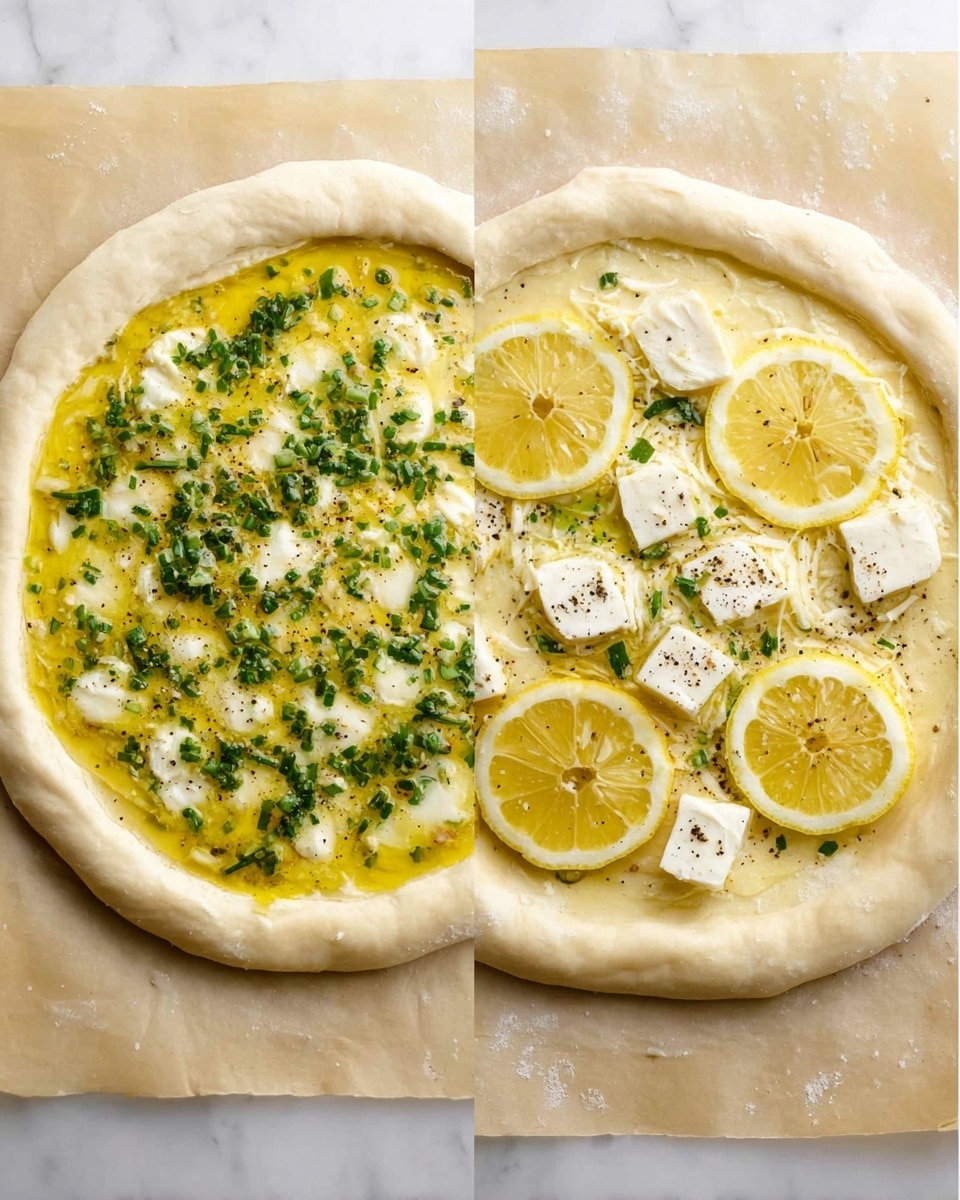The image shows two uncooked pizzas on parchment paper with a white marbled background. Each pizza has a thick, pale dough crust forming a circle. On the left pizza, the surface is spread with a layer of yellowish olive oil mixed with chopped green herbs, creating a speckled green and yellow top. The cheese layer underneath is white and slightly melted but not fully melted. The right pizza has the same base of yellow oil and green herbs, with the addition of several uneven chunks of white cheese scattered on top, and three thin lemon slices placed in a loose triangle arrangement. There is some black pepper sprinkled on the cheese and lemon slices. photo taken with an iphone --ar 4:5 --v 7