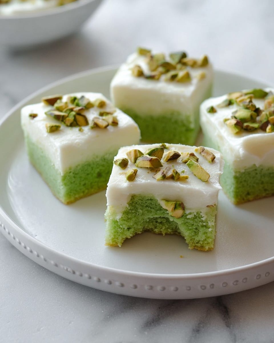 The image shows four square-shaped green cake pieces placed on a white plate with small round dots on the rim, all set on a white marbled surface. Each cake piece has two layers: the bottom layer is a moist, light green base, and the top layer is a thick spread of smooth white frosting. The frosting is sprinkled with small chunks of chopped pistachios, adding a touch of green and brown. One piece in the front has a small bite taken out of it, exposing the soft texture inside. Photo taken with an iphone --ar 4:5 --v 7