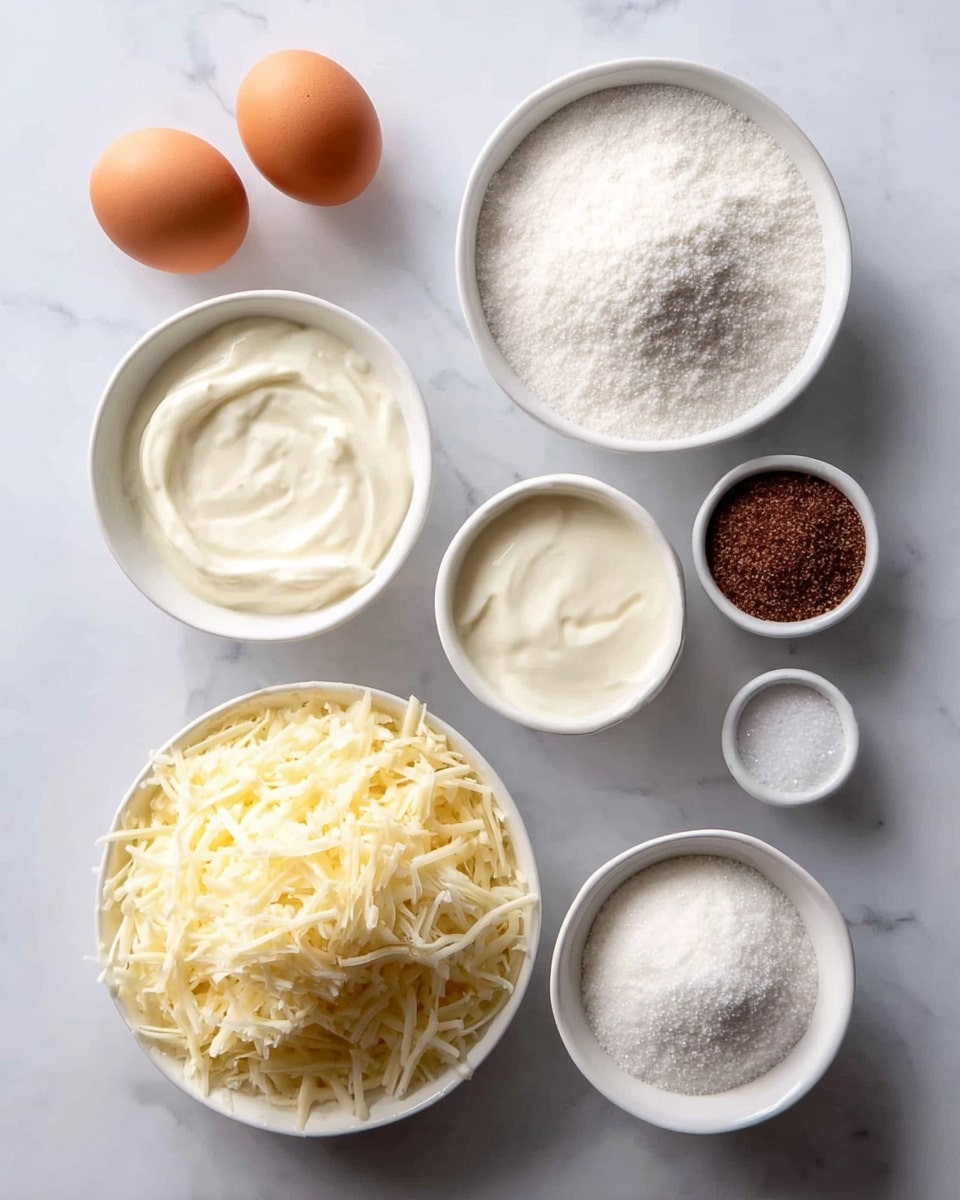 The image shows seven ingredients neatly arranged on a white marbled surface: two brown eggs placed at the top left and one at the bottom left, a white bowl filled with white sugar below the eggs, a white bowl with creamy white sour cream to the right of the sugar, a white bowl with white flour at the bottom right, a white bowl heaped with shredded pale yellow cheese in the middle, a small white bowl with fine brown sugar at the top right, and a very small white bowl of fine white salt beside the brown sugar. The textures vary from smooth cream and fine powders to soft shredded cheese, all lit with natural light and cleanly presented. Photo taken with an iphone --ar 4:5 --v 7
