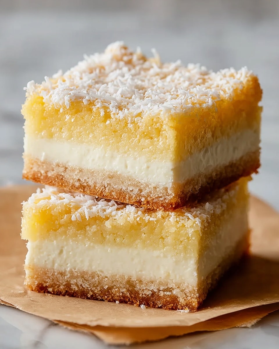The image shows a slice of yellow cake with three clear layers. The bottom layer is a light golden-brown cake, the middle layer is thick and white, looking creamy or like frosting, and the top layer is another yellow cake with a slightly darker golden edge. The top of the cake is sprinkled with shredded white coconut, adding texture. The cake slice rests on a piece of parchment paper placed on a white marbled surface. In the background, there is a blurred view of another similar cake slice. photo taken with an iphone --ar 4:5 --v 7