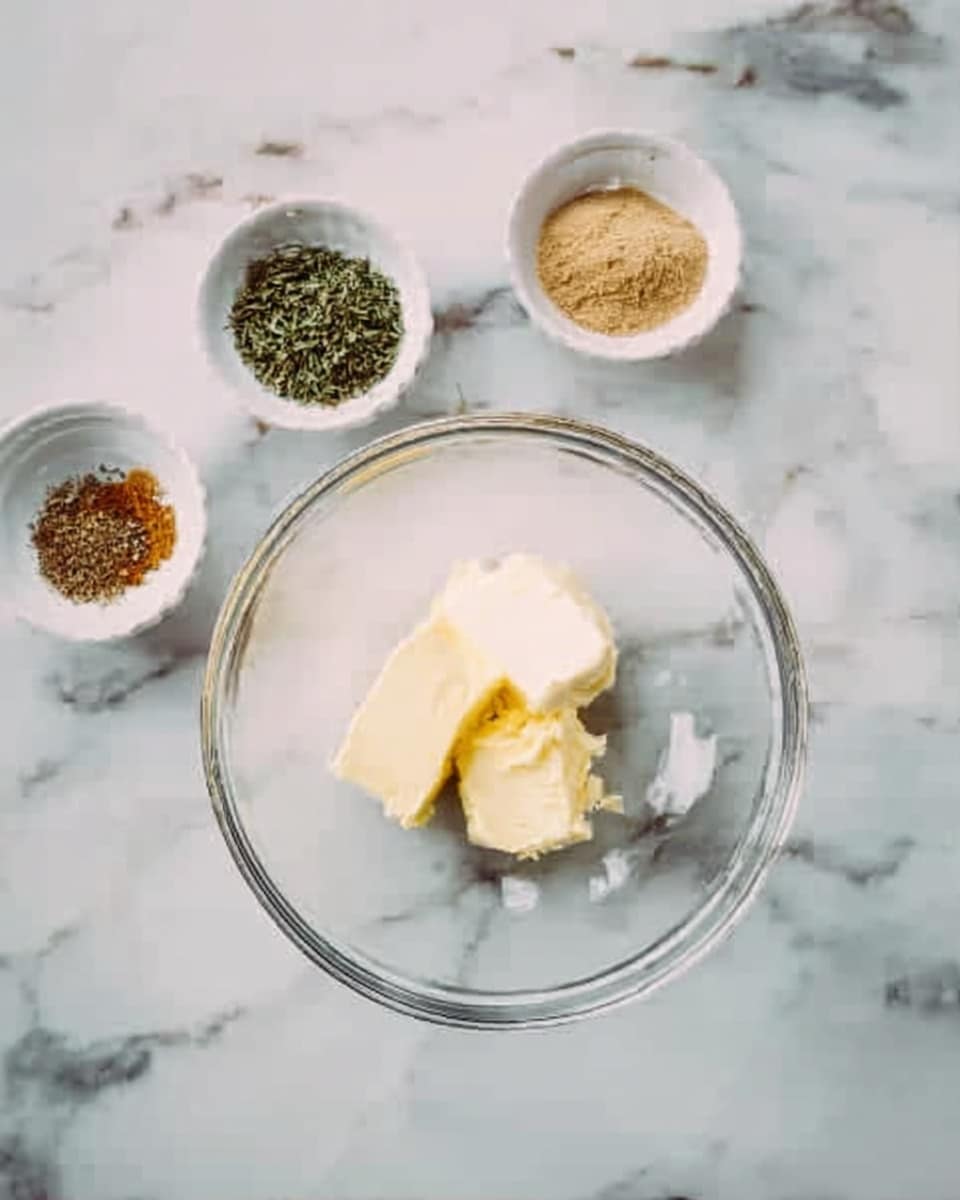 A clear glass bowl sits in the center of a white marbled surface, containing two small white squares and a dollop of pale yellow butter. Around the bowl are three small white bowls, each holding different spices; the top one has a green dried herb, the right one has a brown spice, and the left one has a light tan powder. The scene looks clean and organized, with a soft natural light showing the textures clearly. Photo taken with an iphone --ar 4:5 --v 7