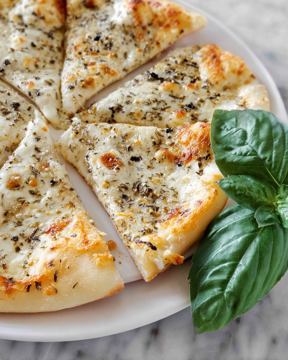 The image shows a flat round pizza with a thin golden-brown crust as the bottom layer. On top is a light creamy white sauce spread evenly, covered by a layer of melted cheese with browned spots. Over this cheese layer, there is a sprinkling of fine black and white herbs and seasonings scattered all over. The pizza is cut into triangular slices, arranged closely on a white plate. Two fresh, large green basil leaves lay beside the slices on the plate, and the plate rests on a white marbled surface. Photo taken with an iphone --ar 4:5 --v 7