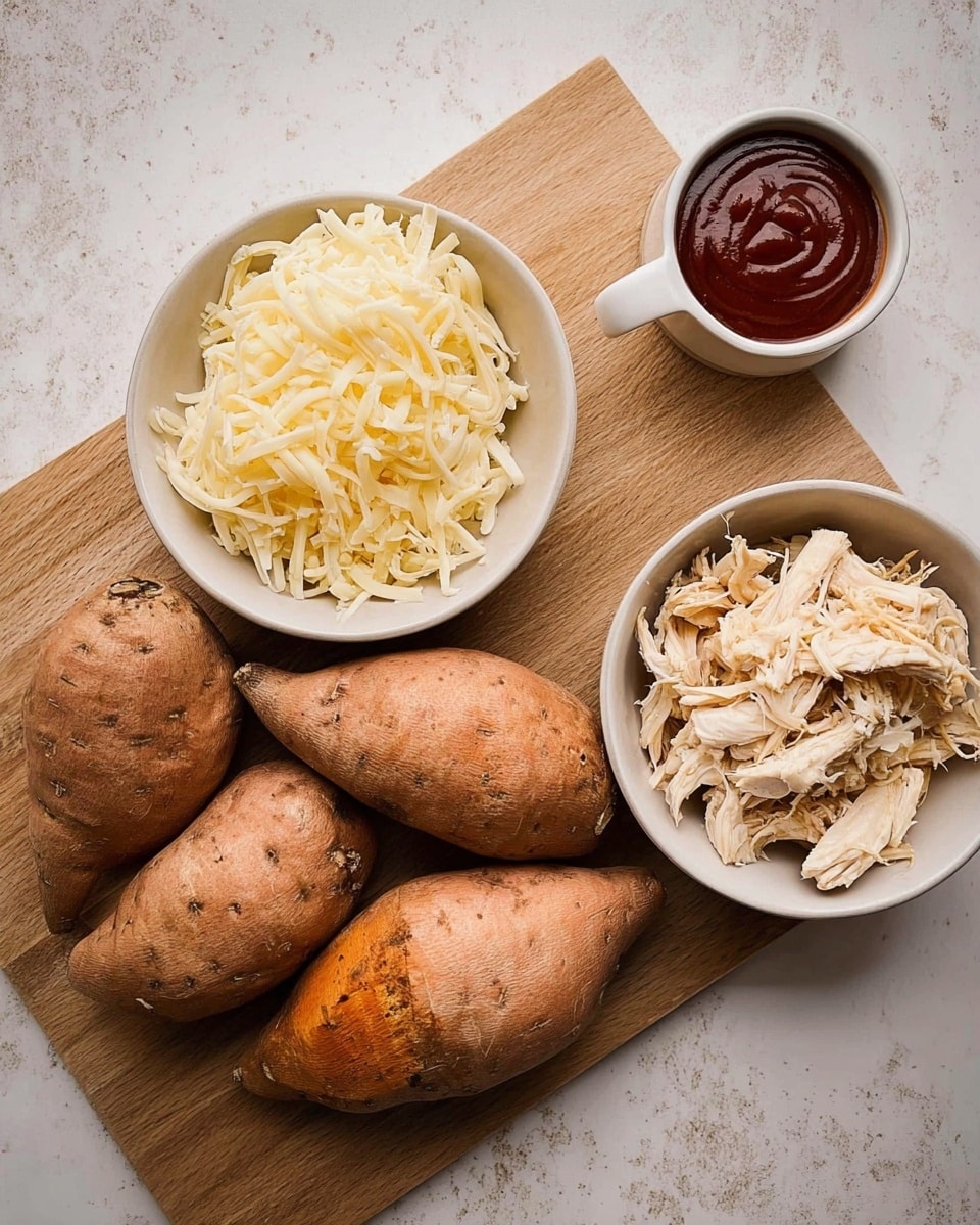 The image shows cooking ingredients arranged on a wooden board and white bowls placed on a white marbled surface. On the wooden board, there are four whole sweet potatoes with rough, brown skin. To the left of the board, there is a white bowl filled with shredded cheese that is pale yellow in color. Below that bowl, there is another white bowl holding shredded cooked chicken with light beige tones. Above this bowl, a small white cup contains dark red barbecue sauce with a smooth texture. photo taken with an iphone --ar 4:5 --v 7
