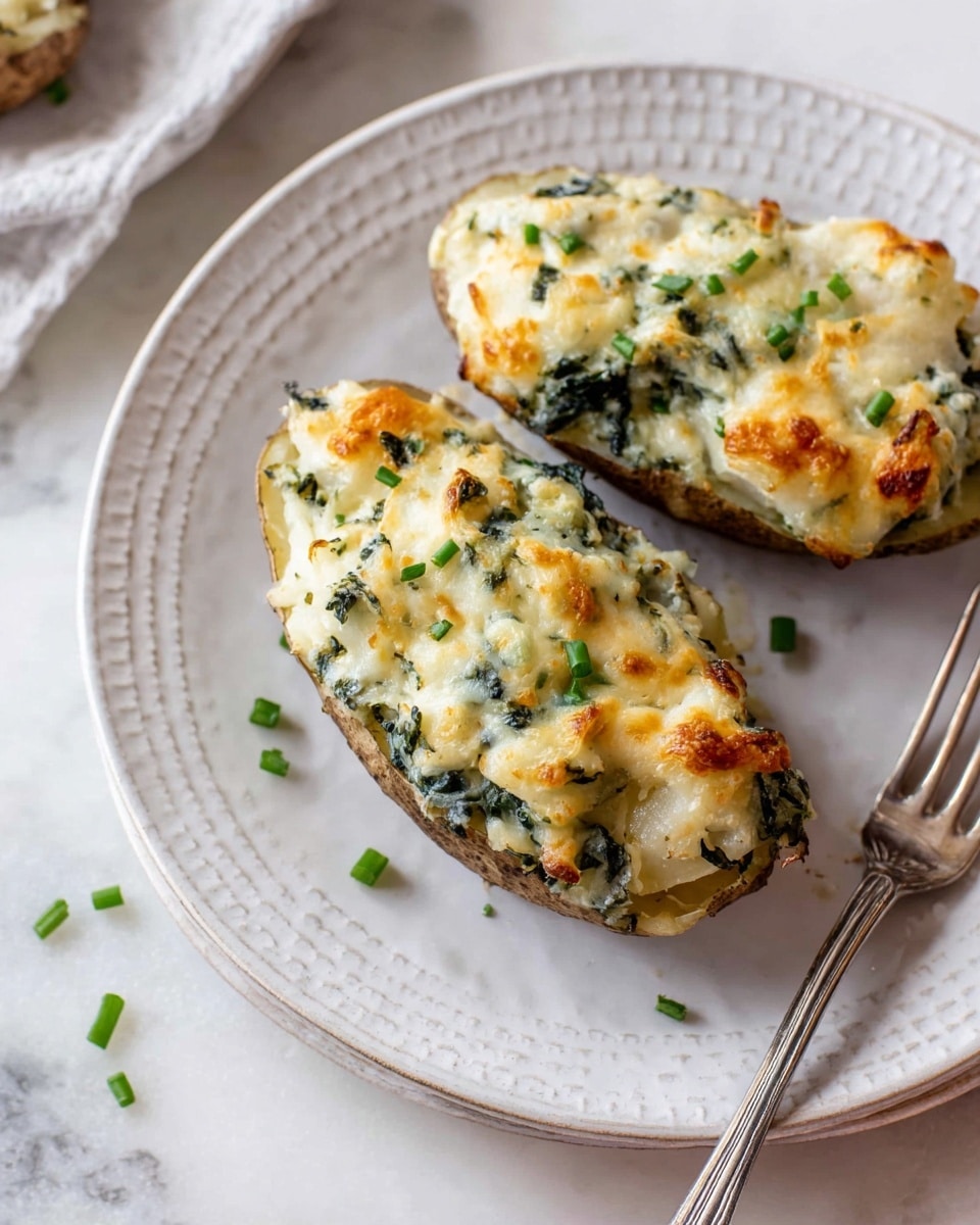 The image shows two stuffed potato halves on a white plate with a textured rim, placed on a white marbled surface. Each potato half is filled with a creamy, light golden mixture that includes melted cheese and finely chopped dark green leafy vegetables. Some areas of the filling have a slightly browned, bubbly texture, indicating baking. Small green chive pieces are sprinkled on top and around the plate for garnish. A small silver fork rests on the plate next to the potatoes. Photo taken with an iphone --ar 4:5 --v 7