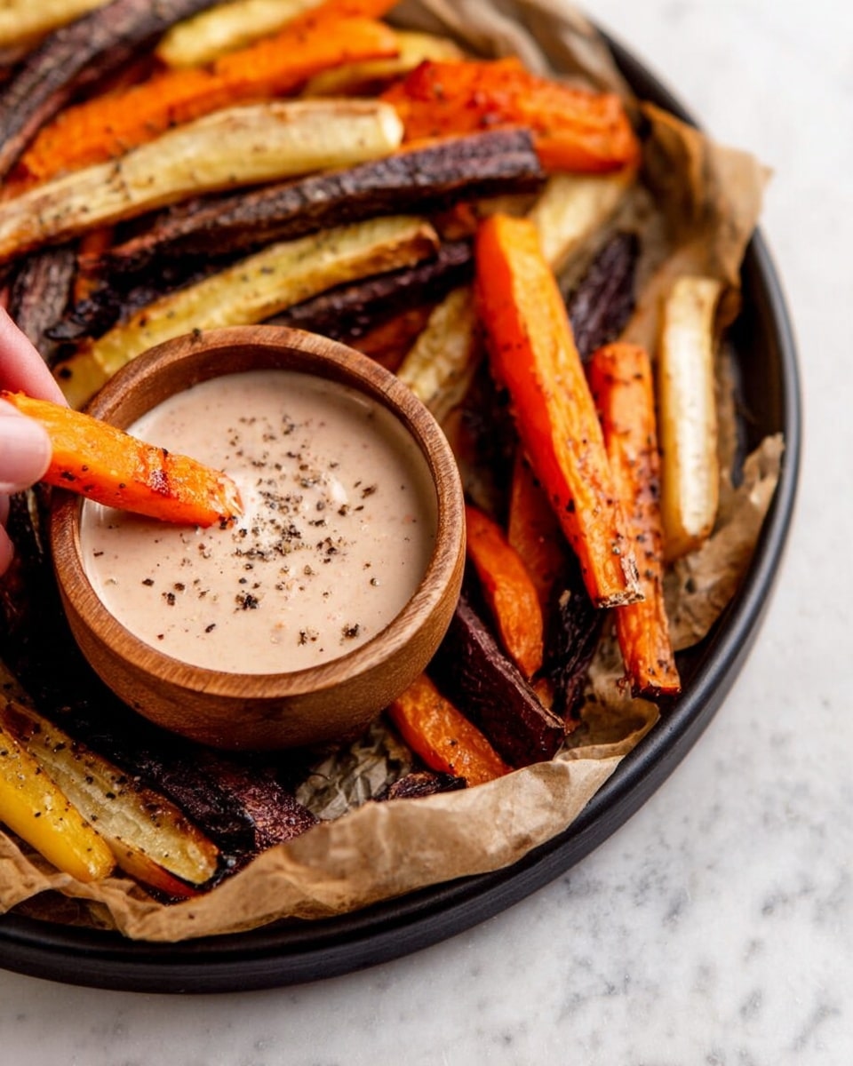 A close-up view of a round black tray, lined with brown parchment paper and filled with roasted vegetable sticks in various shades including dark purple, bright orange, pale yellow, and light orange, showing a slightly charred texture. Near the edge of the tray sits a small round wooden bowl filled with a creamy light pink dip sprinkled with coarse black pepper. A woman's hand is dipping a bright orange and pale yellow vegetable stick into the sauce. The background is a white marbled texture. Photo taken with an iphone --ar 4:5 --v 7