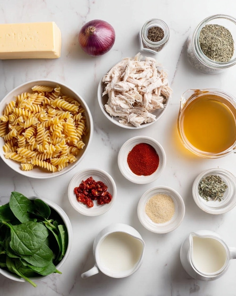 The image shows ingredients arranged neatly on a white marbled surface. There is a block of butter at the top left, a purple garlic bulb beside it, a bowl full of shredded cooked chicken, and a bowl with dry spiral pasta. Nearby, there are small white dishes holding dried tomatoes, minced onions, garlic powder, tomato paste, red pepper flakes, and dried herbs. Two small white dishes contain pats of butter and fresh spinach leaves in a bowl. There is a glass jar of black pepper, a glass jar of salt, a glass jug with golden broth, and a glass jug with white cream. The overall setup is clean and organized, ready for cooking photo taken with an iphone --ar 4:5 --v 7