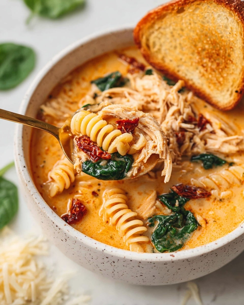 A bowl of creamy soup with rotini pasta, shredded light brown chicken, dark green spinach leaves, and red sun-dried tomato pieces mixed in a rich orange cream broth. The bowl is white and speckled, with a toasted golden brown slice of bread resting on the edge. A gold spoon holds a scoop of the soup in the foreground, showing the detailed textures of pasta, chicken, spinach, and tomato. The background has a white marbled texture with scattered spinach leaves and some grated cheese spots. Photo taken with an iphone --ar 4:5 --v 7