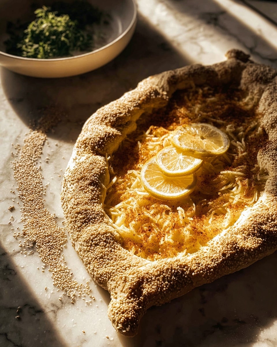 The dish is a boat-shaped bread with a thick crust covered in sesame seeds, forming the outer edge in a golden-brown color with a textured surface. Inside the bread boat, there is a layer of shredded light yellow cheese scattered evenly, topped with thin lemon slices placed near the center and spread around in a few spots. The bread rests on a white marbled textured surface with some scattered sesame seeds outside the bread edge. To the left of the bread, there is a white bowl containing some green herbs visible against the shadowy background. The scene is lit with warm sunlight highlighting the textures and colors vividly, photo taken with an iphone --ar 4:5 --v 7