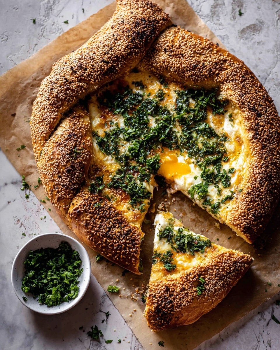 A sesame-covered bread shaped like a boat with a golden crust forms the base, its thick edges twisted and sprinkled heavily with sesame seeds. Inside, there is a layer of melted cheese with a creamy white and golden yellow color, partially topped with a generous amount of chopped fresh green herbs scattered unevenly across the filling. The bread has a slice taken out, showing the soft inside. Next to the bread, on a rustic surface, there is a small white bowl filled with more chopped green herbs. The whole scene is set on a white marbled textured surface. photo taken with an iphone --ar 4:5 --v 7