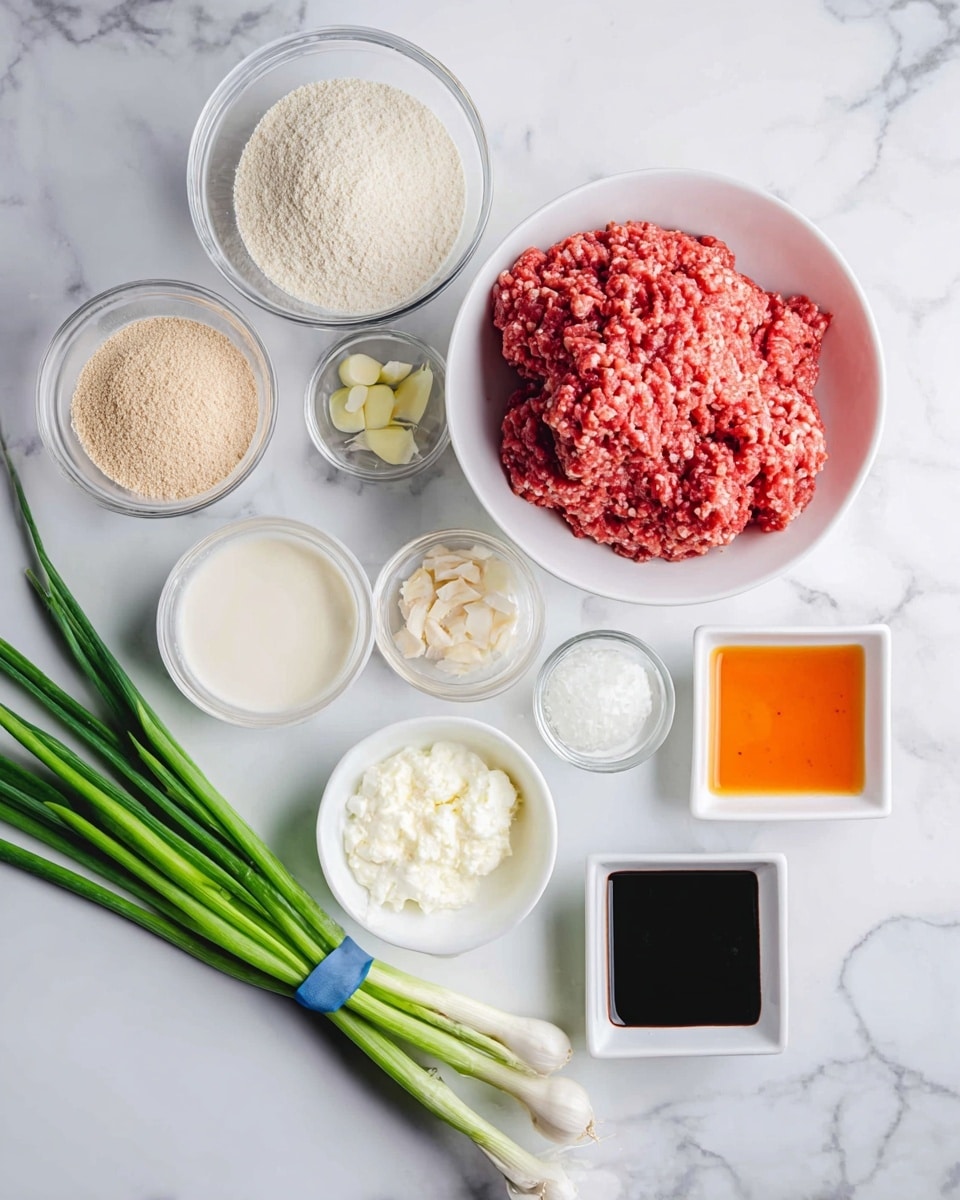 A white bowl in the center holds a pinkish-red ground meat with a slightly coarse texture. Surrounding it are smaller white bowls and dishes with various ingredients: two light beige powders in clear and white bowls, a white creamy mixture, a pale yellowish cream, minced garlic placed in a small square white dish, dark soy sauce in a square white dish, and two small square dishes with bright orange and golden brown sauces. Nearby, a bunch of green onions bound with a blue rubber band lies on a white marbled surface. Photo taken with an iphone --ar 4:5 --v 7
