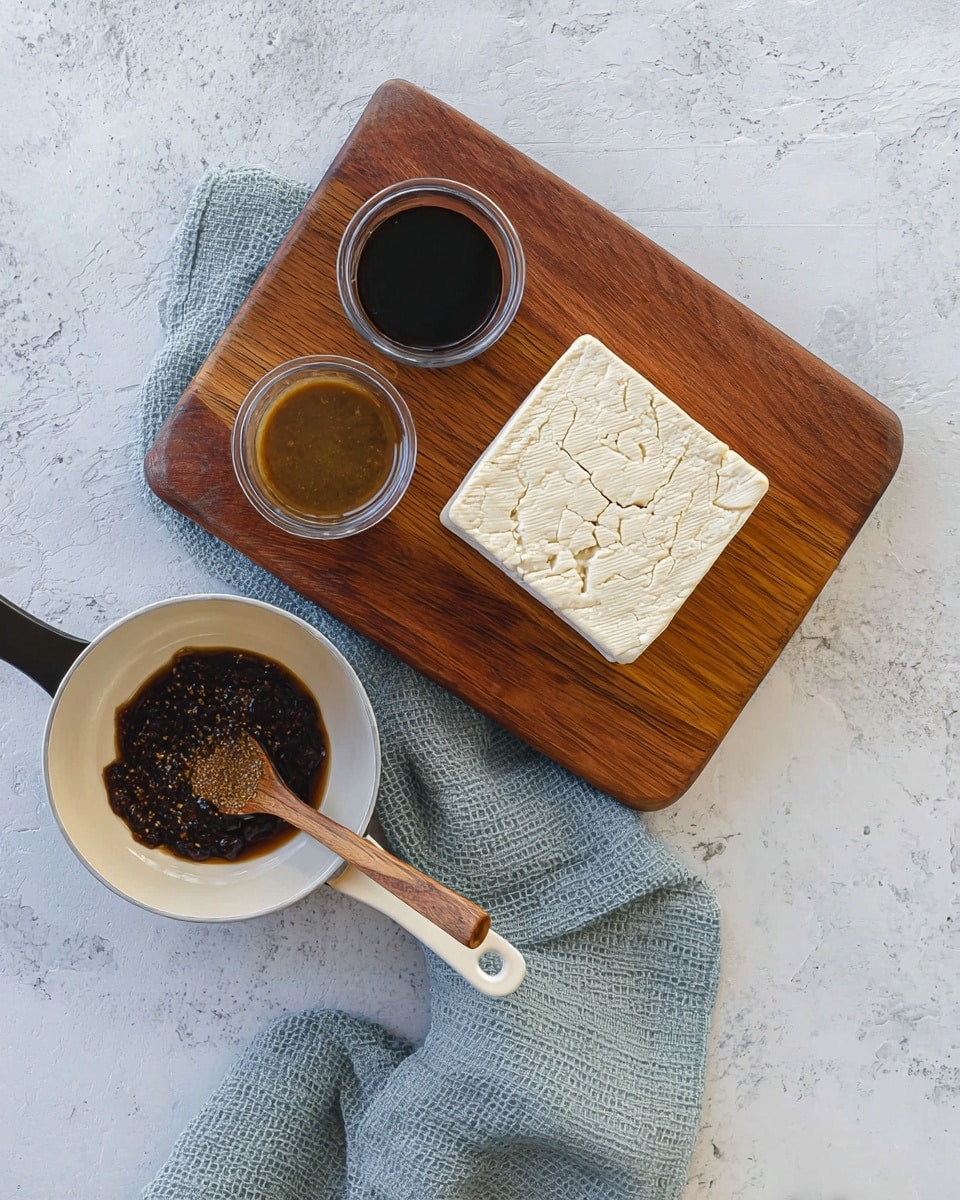 A wooden cutting board sits on a white marbled surface, holding three small containers of sauce with dark brown and black colors and different textures. Below the board, a white frying pan contains a thick square piece of tofu with visible cracks on its surface, placed in the center. A wooden measuring spoon with brown spices rests on the edge of the pan. The pan is on a light blue, textured cloth. Photo taken with an iphone --ar 4:5 --v 7