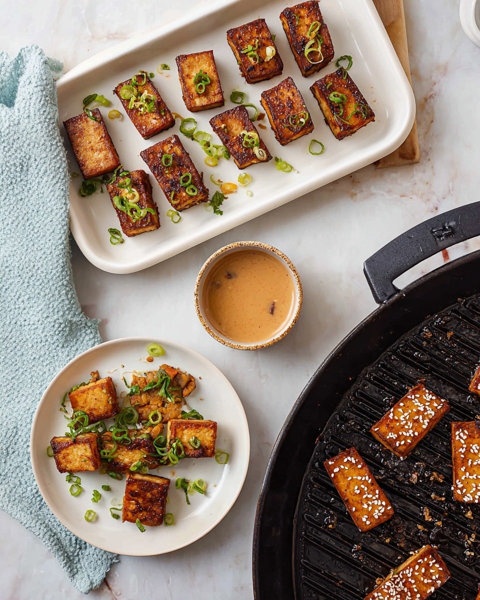 The image shows three main sections: a white tray on top with eight rectangular, browned tofu pieces garnished with chopped green onions, a white round plate in the middle left with small square crispy tofu pieces topped with cilantro leaves and a small bowl filled with a light brown dipping sauce, and at the bottom right, a black grill pan with more small square tofu pieces sprinkled with white sesame seeds. The items rest on a white marbled surface with a pale blue cloth on the left side. Photo taken with an iphone --ar 4:5 --v 7