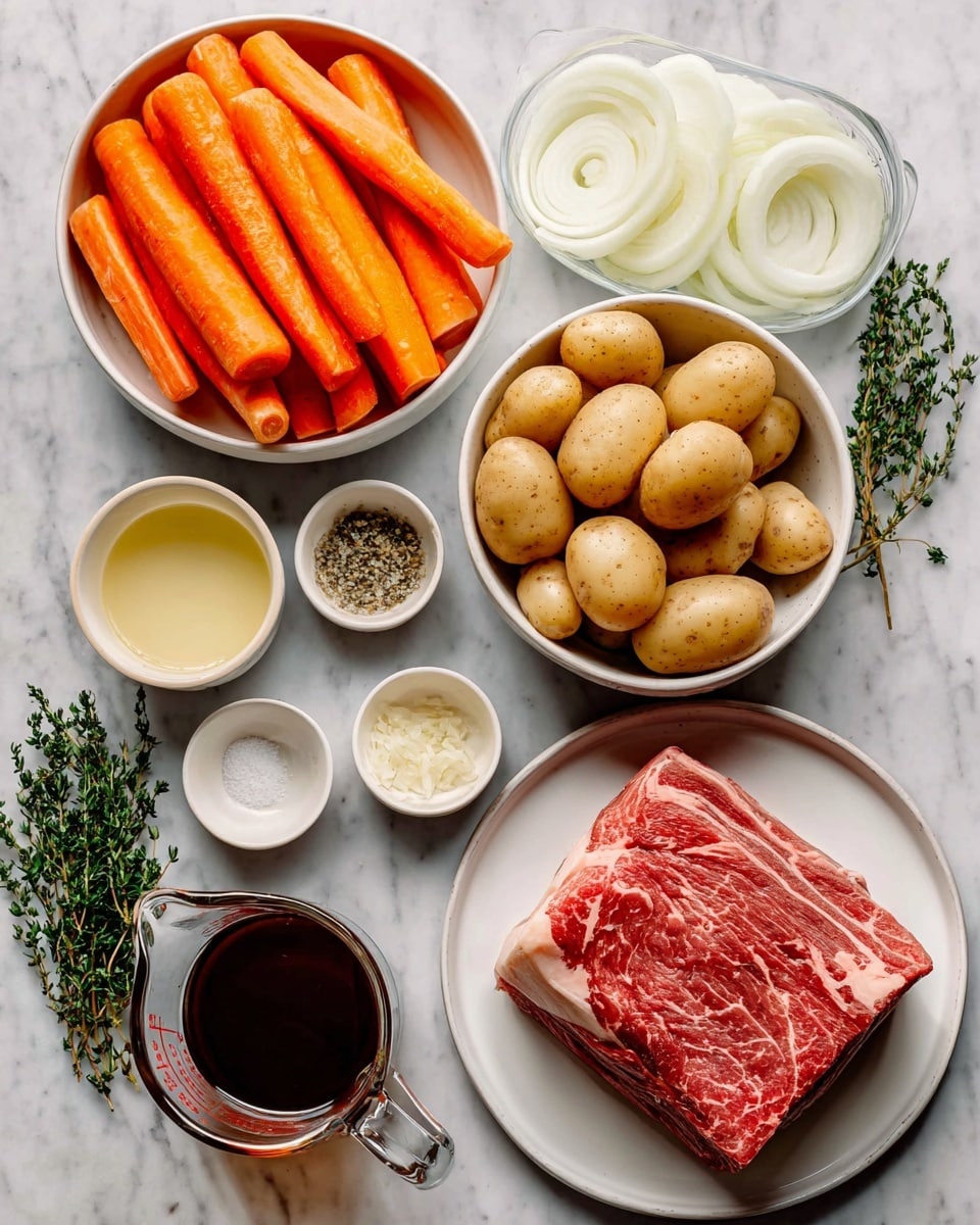 The image shows ingredients for a meal arranged on a white marbled surface. There is a plate with a single thick piece of marbled raw red meat at the bottom right. Above it, there is a white bowl filled with small round light brown potatoes. To the left of the potatoes is a white bowl with orange carrot sticks. Above the carrots is a clear glass bowl holding white onion rings. Small beige bowls hold minced garlic, salt, black pepper, and dried herbs, spaced around the main ingredients. A transparent glass measuring cup filled with dark brown liquid is near the bottom left. Sprigs of fresh green thyme lie near the top left. A small white bowl with a pale yellow liquid is near the top center. photo taken with an iphone --ar 4:5 --v 7