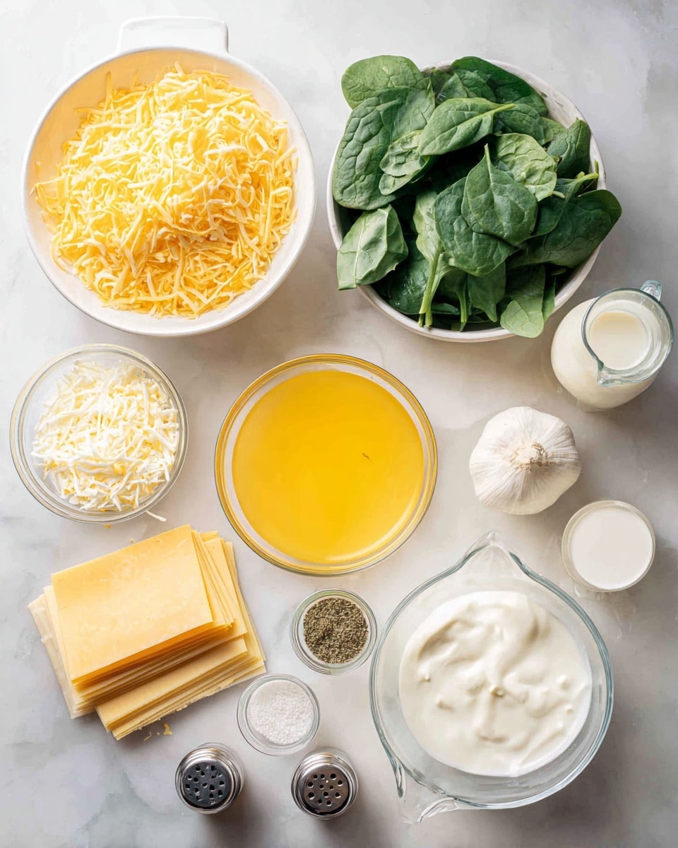 The image shows several ingredients placed neatly on a white marbled surface: on the top left, there is a white bowl filled with shredded yellow cheese; to its right, a white bowl holds fresh green spinach leaves; below these, a glass bowl contains bright yellow melted butter; next to it, another small clear bowl has grated parmesan cheese; there is a bulb of white garlic to the right; at the bottom right, a translucent glass bowl is filled with thick white cream; nearby, a small glass jug has light cream or milk; small clear bowls hold dried herbs and a white powder-like ingredient; lasagna sheets lay flat on the left side; salt and pepper shakers lie on their sides near the bottom left. photo taken with an iphone --ar 4:5 --v 7