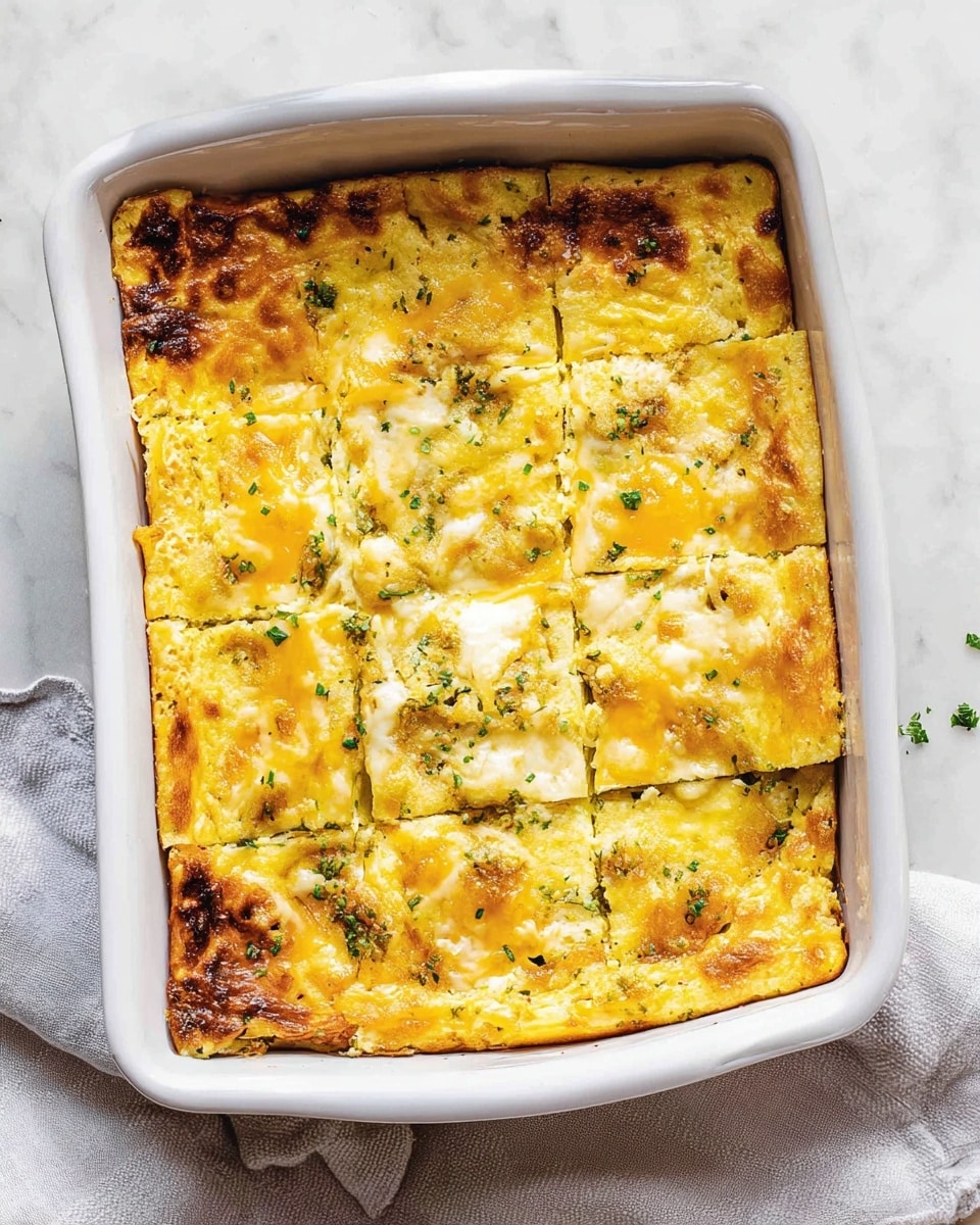 A white rectangular baking dish holds a baked casserole divided into eight square pieces. The top layer has a golden-yellow color with some darker browned spots and patches of melted cheese that add a slight shine. Small green herb bits are sprinkled on top for a fresh look. The edges of the casserole are slightly crisp and browned, contrasting with the softer, creamy interior visible through the cuts. The dish sits on a white marbled surface with a light grey cloth partly underneath. Photo taken with an iphone --ar 4:5 --v 7