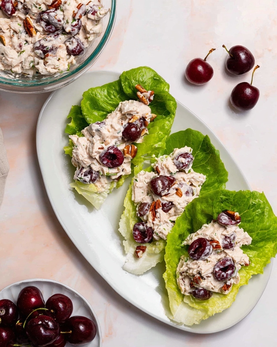 Three lettuce wraps lie on a white oval plate, each with a base layer of bright green crisp lettuce leaves. On top of the lettuce, there is a creamy white chicken salad mixed with halved dark red cherries and small pieces of brown pecans scattered throughout. The chicken salad looks thick and slightly chunky with visible bits of fruit and nuts. Above the plate, there is a glass bowl filled with more of the creamy chicken salad and a few loose dark red cherries scattered on a light pink surface with a white marbled texture. Photo taken with an iphone --ar 4:5 --v 7