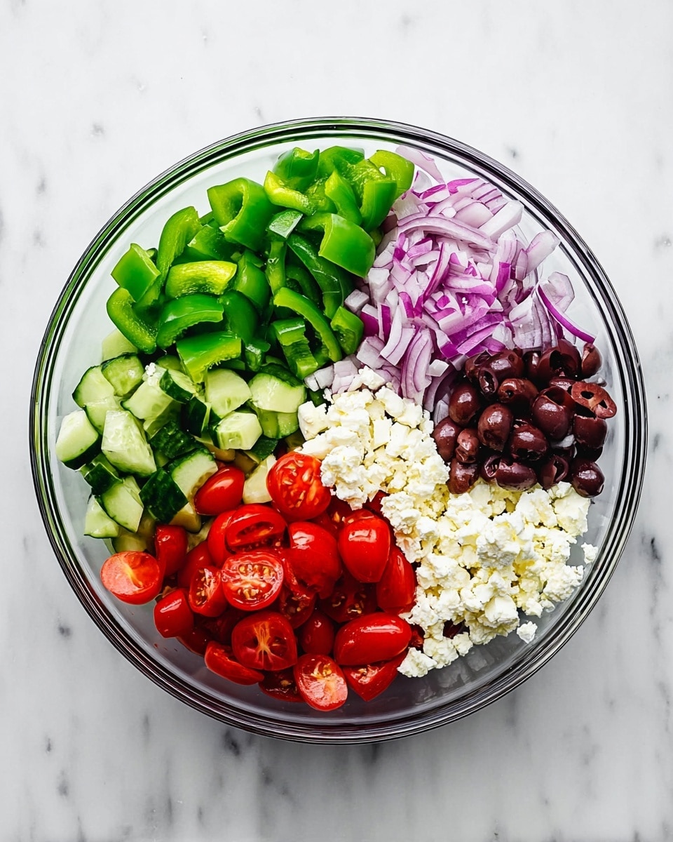 The image shows a clear glass bowl on a white marbled surface filled with six layers of ingredients arranged side by side. Starting from the top and moving clockwise, there are chopped green bell peppers with a fresh and slightly glossy texture, thinly sliced purple-red onions with a slightly curved and crisp look, chopped green cucumbers with dark green skin and light green flesh, small dark purple black olive slices, white crumbly feta cheese, and halved bright red cherry tomatoes with juicy, shiny interiors. The colors are vivid and each ingredient is neatly separated, showing a fresh and healthy mix. Photo taken with an iphone --ar 4:5 --v 7