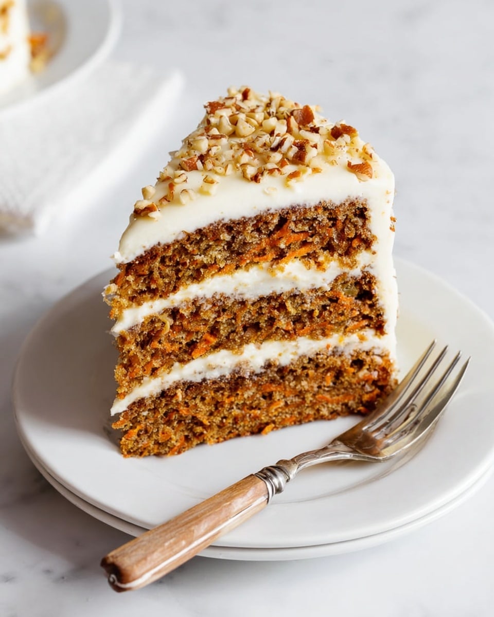 A slice of three-layer carrot cake sits on a white plate, each layer filled with smooth, creamy white frosting. The cake layers are brown with visible bits of carrot and nuts, showing a moist, textured crumb. The top layer of frosting is thick and covered with chopped nuts. Next to the slice, a fork with a wooden handle rests on the plate. The scene is set on a white marbled surface, giving a clean and bright look. photo taken with an iphone --ar 4:5 --v 7
