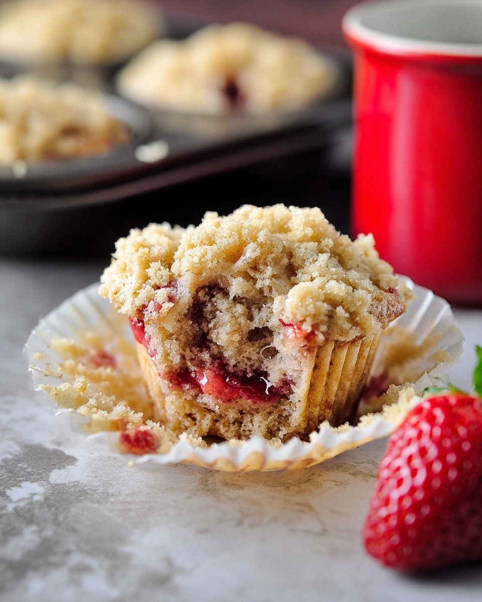 A close-up image of a single crumb-topped muffin, partially unwrapped from a white paper liner. The muffin has a light brown crumb texture with visible patches of dark red strawberry filling inside and oozing at the base of the liner. The crumb topping is golden and slightly crunchy looking, densely packed on top. Behind the muffin, there is a blurred baking tray with more muffins and a red mug to the right. A fresh strawberry lies in the bottom left corner on a white marbled surface. photo taken with an iphone --ar 4:5 --v 7