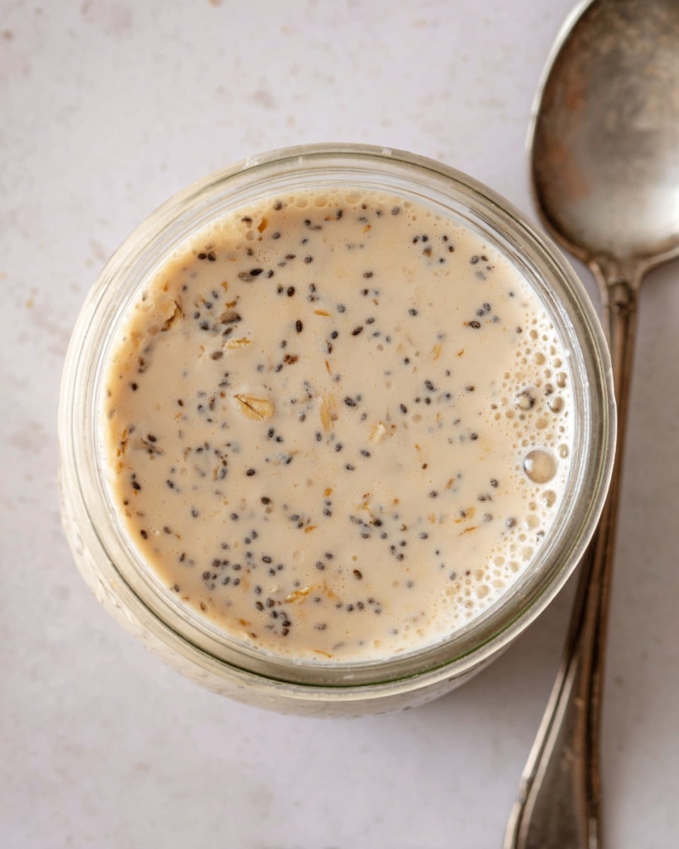 The image shows a close-up top view of a glass jar filled with a creamy mixture that has tiny black seeds and small oatmeal flakes floating evenly throughout the light beige liquid. The jar is open and sits on a white marbled surface with a silver spoon placed nearby, reflecting light softly. The texture of the mixture looks smooth with small bubbles on the surface. Photo taken with an iphone --ar 4:5 --v 7