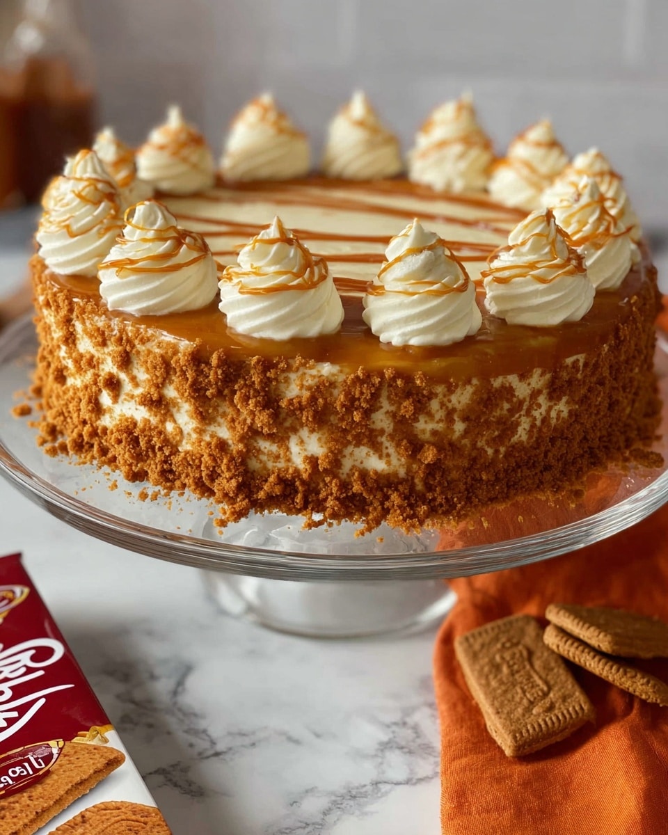 A round layered cake sits on a clear glass cake stand over a white marbled surface, covered in golden brown crumbled cookie bits on the sides. The top layer is coated with a smooth caramel glaze that drips softly down the edges. There are ten evenly spaced swirls of white cream frosting on the top, with caramel drizzle forming thin, looping lines across the center. The cake looks moist with visible layers beneath the crumb topping. In the foreground, partially opened red and white packaging with brown cookies is placed beside an orange cloth. Photo taken with an iphone --ar 4:5 --v 7