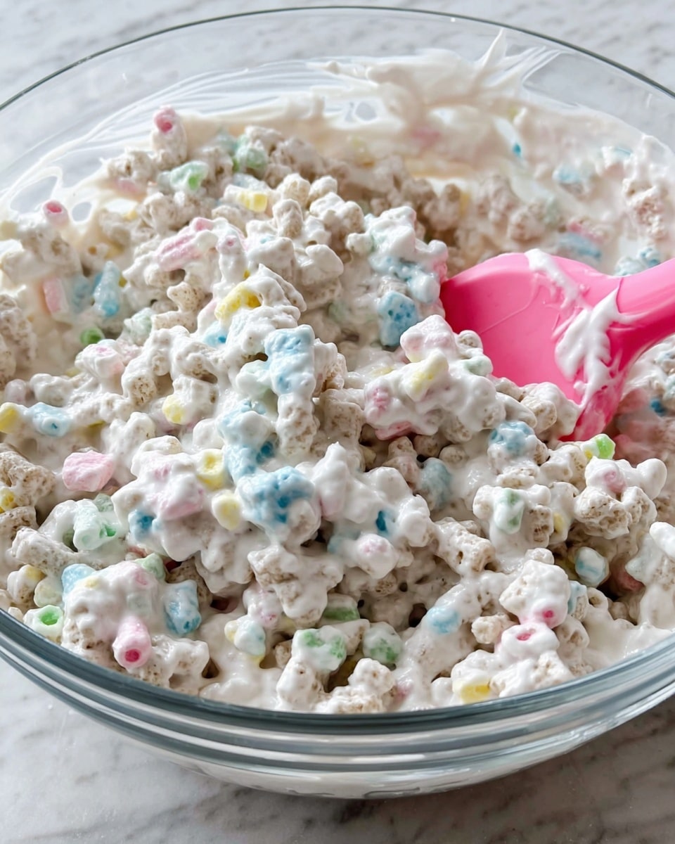A clear glass bowl filled with a thick mixture of white creamy coating covering small marshmallow cereal pieces that are mostly white with some pastel colors like blue, pink, yellow, and green throughout. A pink spatula is partially sunk into the mixture on the right side, showing the sticky texture of the coating. The background surface is a white marbled texture photo taken with an iphone --ar 4:5 --v 7