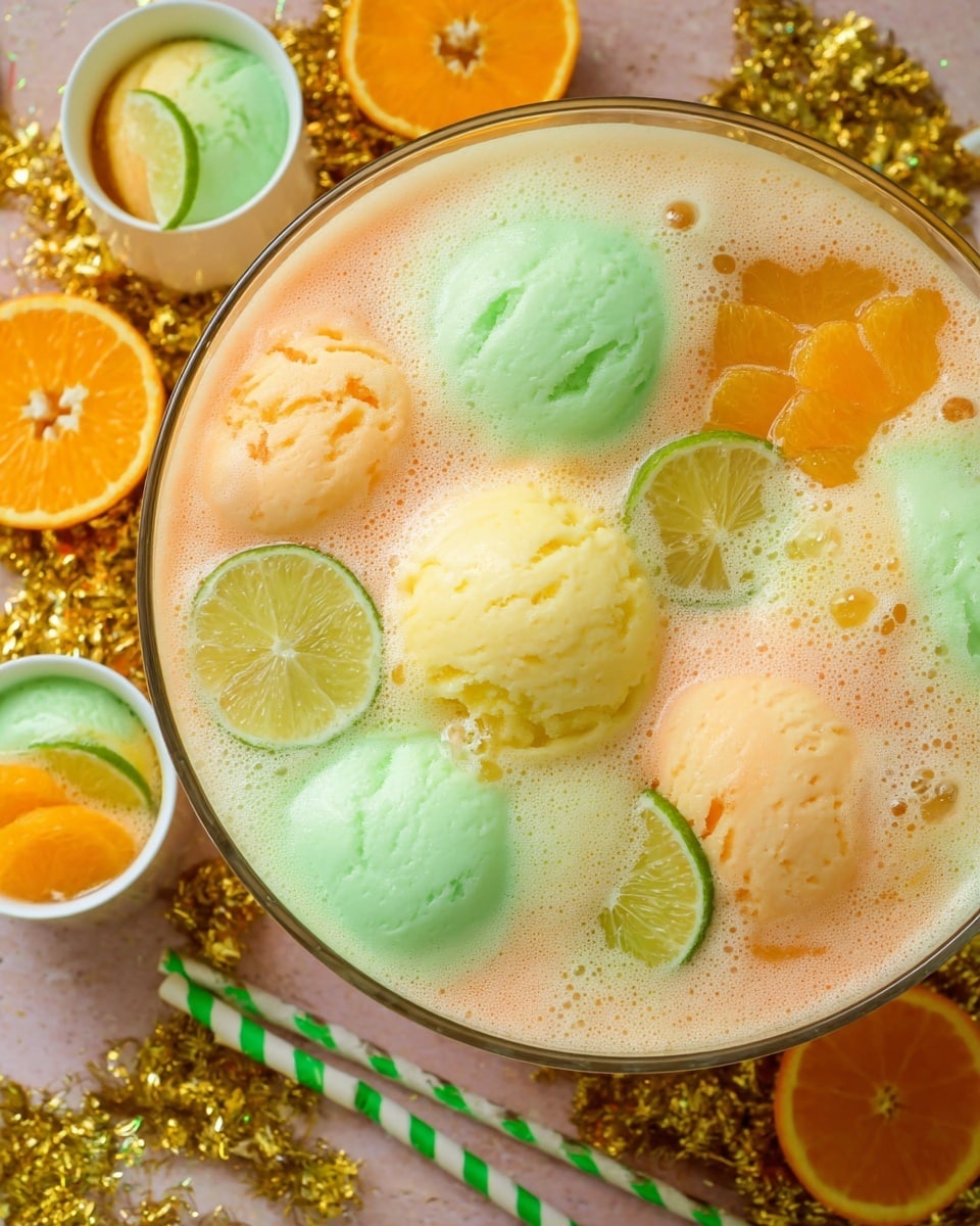 The image shows a large glass bowl filled with a frothy, creamy punch that is light peach in color. On top of the punch, there are large scoops of ice cream in pastel green, yellow, and orange with a smooth, soft texture, floating in clusters across the surface. Around the bowl, there are slices of fresh orange and lime on a shiny, gold glittery surface. Two small white bowls with matching punch, ice cream scoops, and slices of orange and lime are partially visible at the bottom of the image. Two striped straws, one green and white and the other gold and white, lie near the bowl. The setting creates a festive, bright, and colorful feeling. photo taken with an iphone --ar 4:5 --v 7