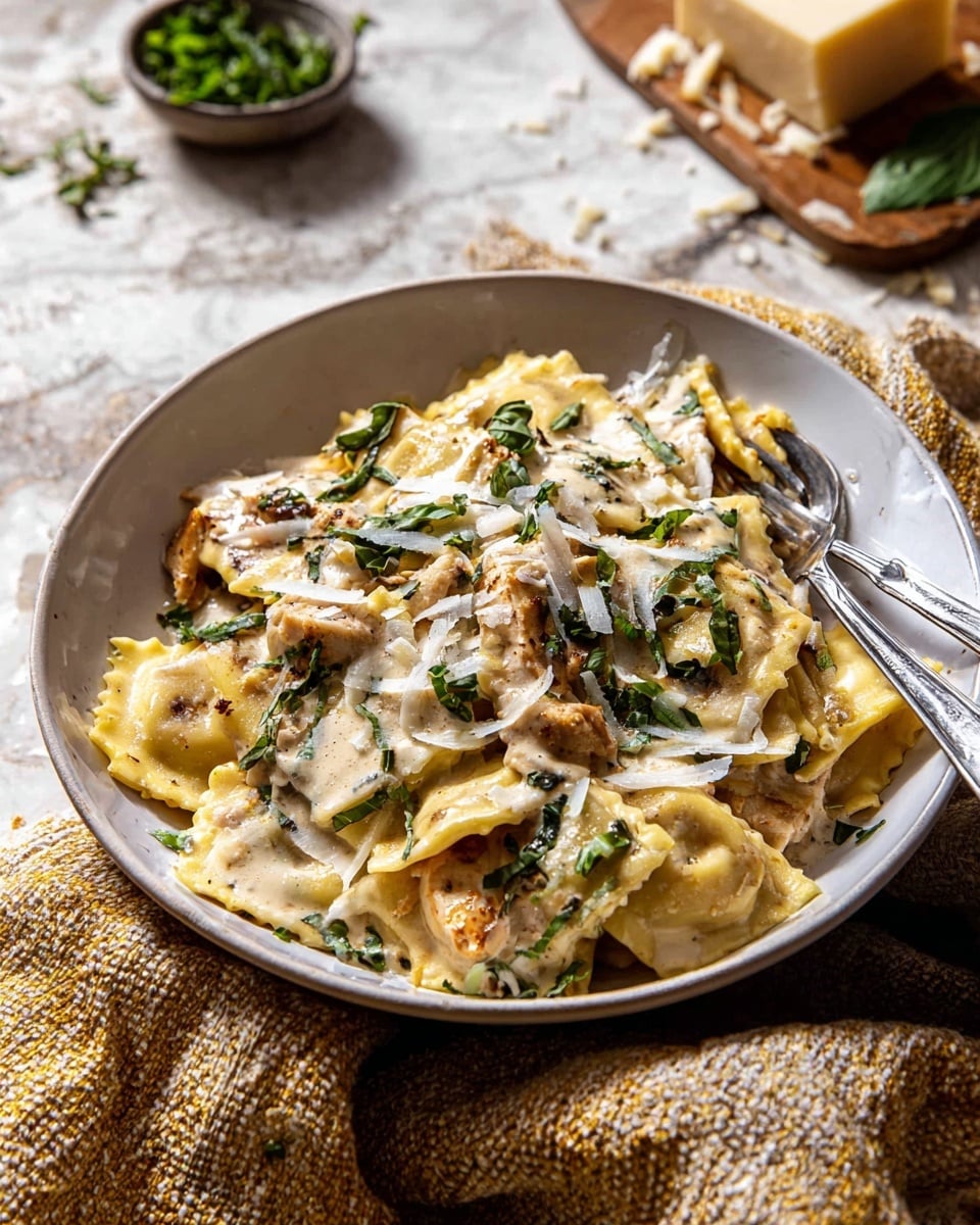 A white bowl filled with about three layers of pasta sheets, each pale yellow with rough edges and a creamy sauce coating. Scattered between the pasta layers are pieces of browned, textured mushrooms with a rich color. Thin, dark green strips of fresh basil are sprinkled over the top, along with finely grated white cheese that adds a fluffy texture. A silver fork rests inside the bowl on the right side. The bowl sits on a rough wooden surface with a soft, folded beige and yellow cloth at the bottom. Photo taken with an iphone --ar 4:5 --v 7
