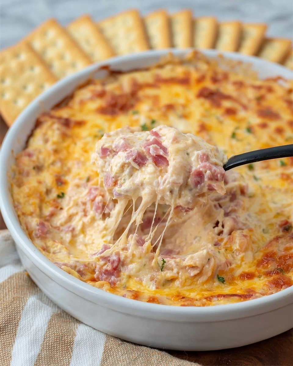 The image shows a white round baking dish filled with a creamy, cheesy dip that has a mix of pale yellow and light orange melted cheese with pink pieces of meat mixed in. A black serving spoon lifts a scoop of the dip, showing its thick and soft texture with stretchy cheese strands. Around the dish, there are light brown rectangular crackers neatly lined up on the edge. The dish sits on a white marbled surface with a beige and white striped cloth underneath. photo taken with an iphone --ar 4:5 --v 7