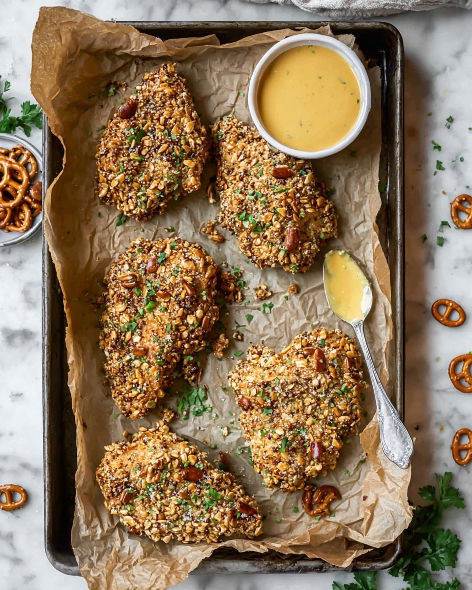 The image shows four pieces of chicken coated with a crunchy layer of crushed pretzels and herbs, giving a rough texture with mixed shades of brown and green. The chicken pieces are arranged on a sheet of crinkled brown parchment paper that covers a dark baking tray. On the top left side of the tray, there is a small white bowl filled with a smooth, light yellow mustard sauce, and on the top right, a white spoon with some sauce on it rests on the paper. Small pieces of broken pretzels and green parsley leaves are scattered around for decoration. The background surface is a white marbled texture. photo taken with an iphone --ar 4:5 --v 7