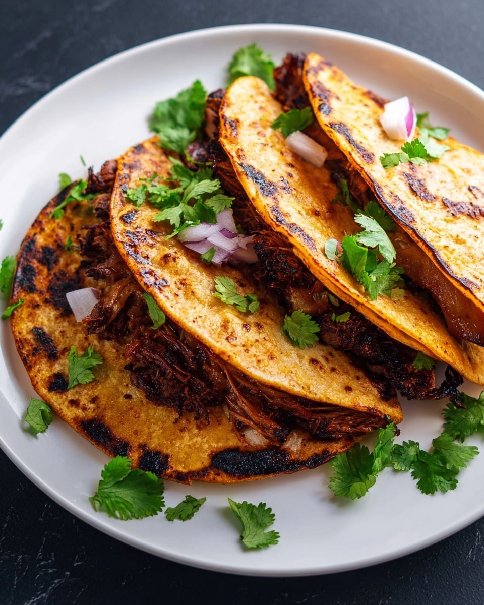Three golden brown tortillas folded in half, stacked slightly overlapping on a white plate, with a visible dark brown shredded meat filling inside each. The tortillas have uneven charred spots and a slightly crispy texture. Small pieces of chopped purple onion are scattered over the tacos. Fresh bright green cilantro leaves are placed around the tacos on the plate. The plate rests on a white marbled surface. photo taken with an iphone --ar 4:5 --v 7