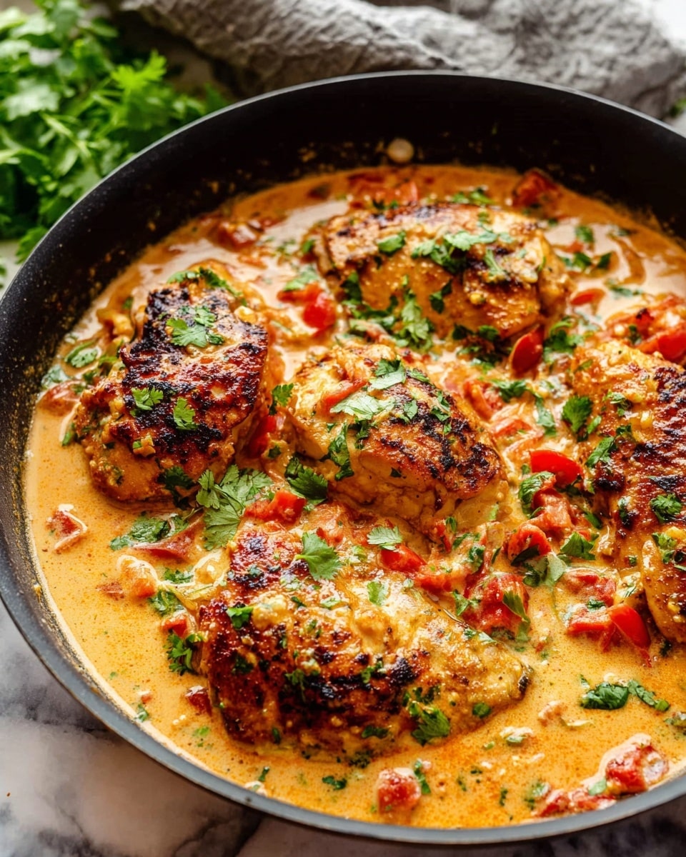 A black pan filled with four pieces of cooked chicken in a creamy sauce with visible pieces of red tomatoes and bits of green herbs sprinkled on top. The chicken is golden brown with some charred parts and sits submerged in a light orange creamy sauce that has a smooth texture mixed with chunks of vegetables. The sauce is spread evenly around the chicken, garnished with small green leaves of cilantro. The background is a white marbled surface with a blurred gray cloth and green herbs in the upper right corner. Photo taken with an iphone --ar 4:5 --v 7