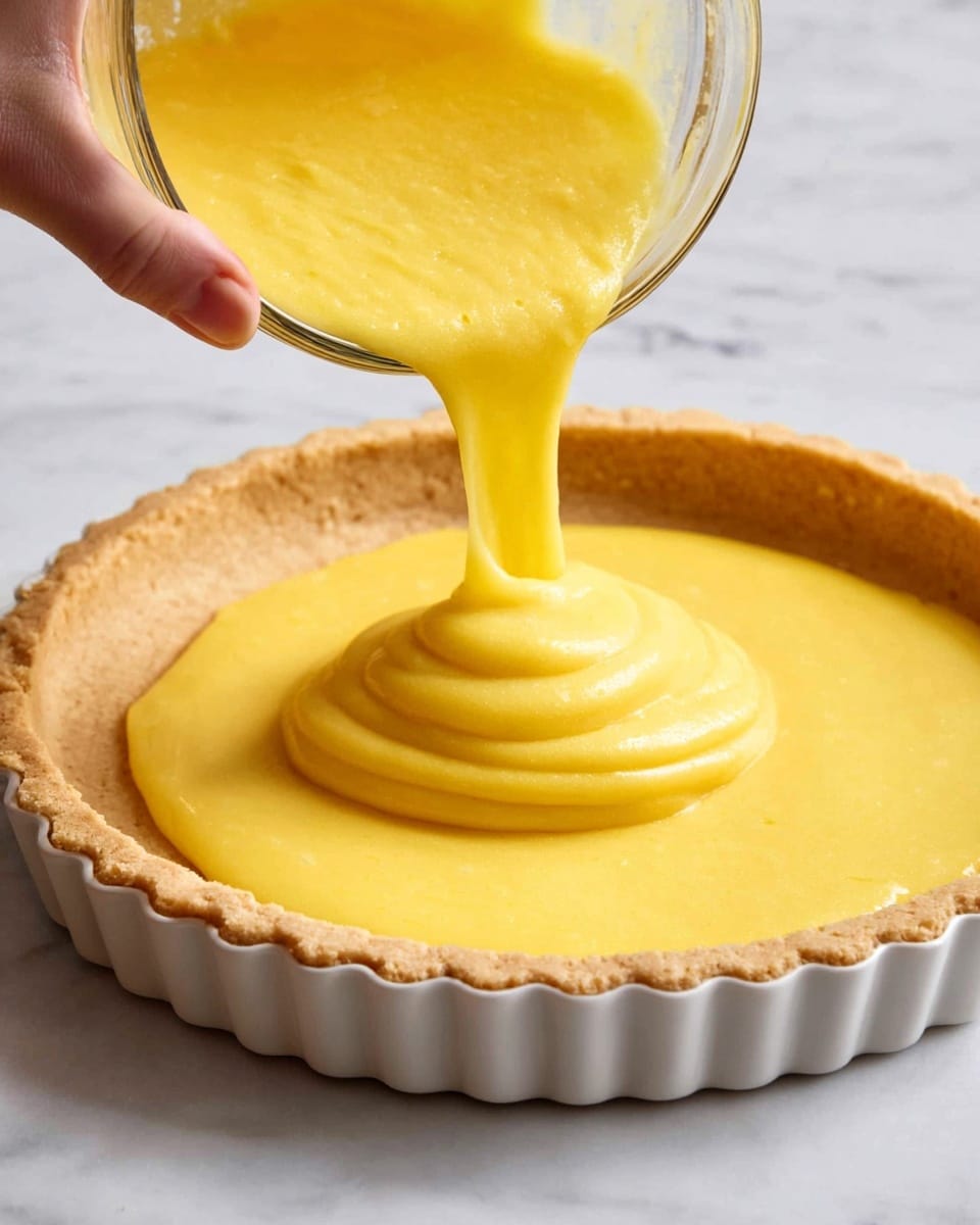 A white tart pan with a light golden crust fills the frame, showing a smooth, bright yellow filling being poured from a clear glass bowl by a woman's hand. The crust has small, even holes on its surface and slightly raised edges with scalloped ridges, while the yellow filling flows thickly in a spiral shape onto the crust. The scene is set on a white marbled surface. photo taken with an iphone --ar 4:5 --v 7