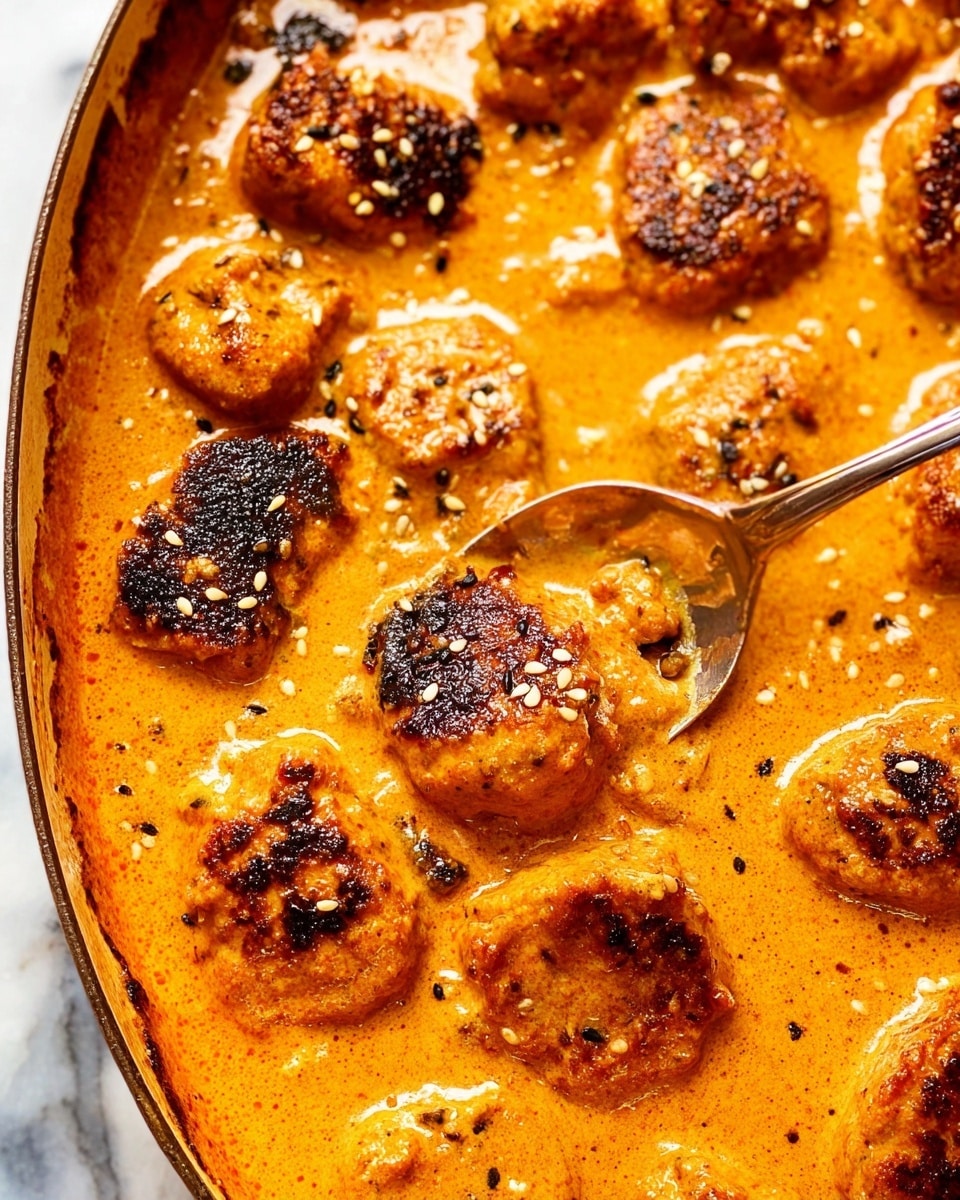 The image shows a close-up of many golden brown pieces of food, each covered with sesame seeds and small charred spots, floating in a thick, creamy orange sauce with a smooth texture and some swirls of oil. A silver serving spoon is gently scooping one piece near the right side of the frame. The overall look is warm and rich, with the food pieces slightly raised above the sauce, showing their crispy edges and soft centers. The background has a white marbled texture. Photo taken with an iphone --ar 4:5 --v 7