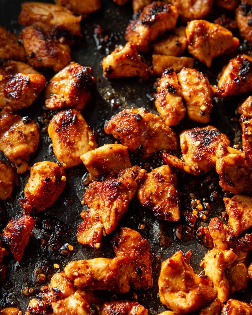 This image shows small pieces of browned, spicy cooked chicken scattered over a dark pan. Each piece is golden-brown with a crispy texture, some parts showing slight charring and caramelization that adds depth to the color. The chicken pieces vary in size and shape, with visible bits of seasoning and oil around them on the pan surface. The lighting highlights the glossy, textured surface of the chicken, making it look cooked and flavorful. photo taken with an iphone --ar 4:5 --v 7