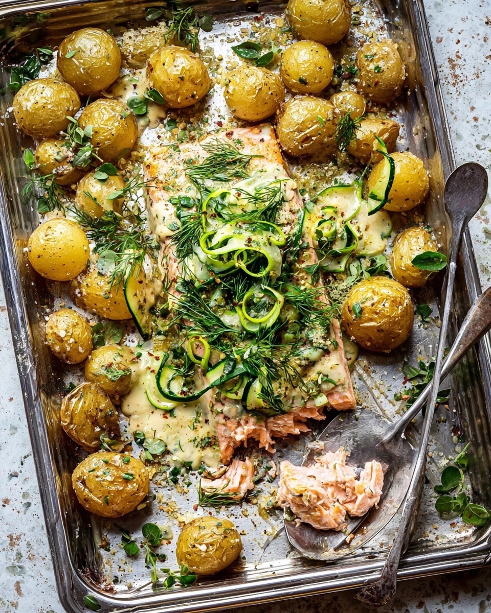 A metal tray holds a piece of cooked salmon fillet topped with a bright green mix of fresh dill and thinly sliced green vegetables, likely zucchini ribbons. The salmon has a light golden-brown crust with a textured herb coating and a piece flaked off showing the soft pink inside. Around the salmon are roasted small golden potatoes, some cut in half, sprinkled with coarse salt, pepper, and herbs like thyme and dill. A woman’s hand is holding a metal spatula sliding under the salmon piece. The tray rests on a white marbled surface. photo taken with an iphone --ar 4:5 --v 7