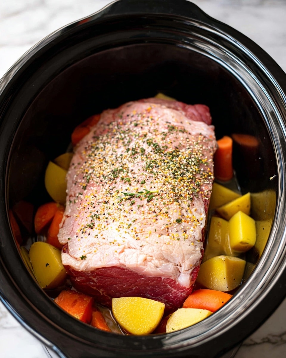 A large raw piece of meat with a pale pink top layer sprinkled with mixed small seeds and herbs lies inside a black slow cooker. Underneath and around the meat, there are several pieces of yellow potatoes and orange carrots, both cut into chunks, resting at the bottom. The slow cooker has a glossy black inner surface and a shiny outer metal body. The scene is set against a white marbled texture. Photo taken with an iphone --ar 4:5 --v 7
