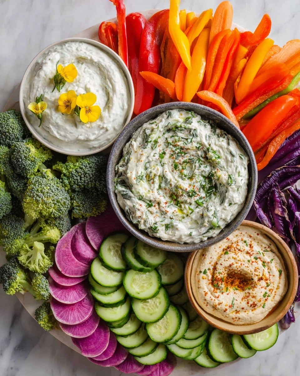 A bright vegetable platter arranged on a white marbled surface features three dips in separate bowls: a white creamy dip with a small yellow flower on top in a white bowl at left, a larger gray bowl at top filled with a creamy herb dip topped with tiny edible flowers, and a tan bowl with hummus garnished with spices at bottom right. Around the bowls, neatly arranged layers include thinly sliced cucumber rounds in a curved row at bottom, purple radish slices layered above, fresh broccoli florets in the upper left, and an assortment of mini red and orange sweet peppers scattered between. Long carrot sticks in shades of orange and purple fan out behind the top bowl. The colors are fresh and vibrant with a mix of green, orange, purple, and white. Photo taken with an iphone --ar 4:5 --v 7
