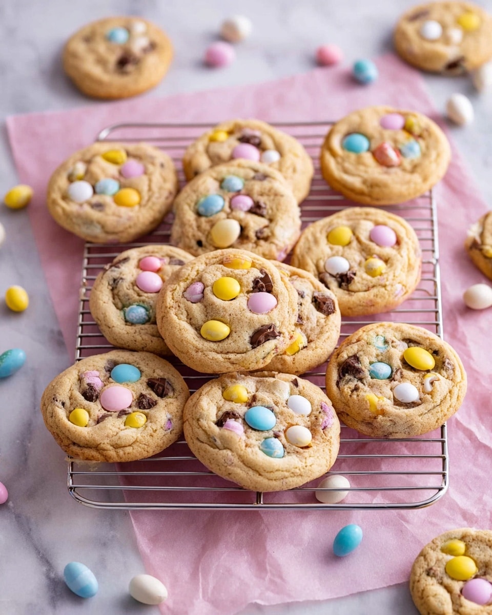 The image shows about a dozen round cookies on a silver wire cooling rack over a white marbled surface with pink paper underneath the rack. Each cookie is light brown with a soft texture and has colorful candy pieces in pastel yellow, blue, pink, and white scattered on top and mixed inside. There are also some chocolate chips visible in the dough, adding dark brown spots to the cookies. Around the rack, more candy pieces in the same colors are spread loosely on the marbled surface. The scene is bright and softly lit, highlighting the cookies’ slightly crisp edges and soft centers. photo taken with an iphone --ar 4:5 --v 7