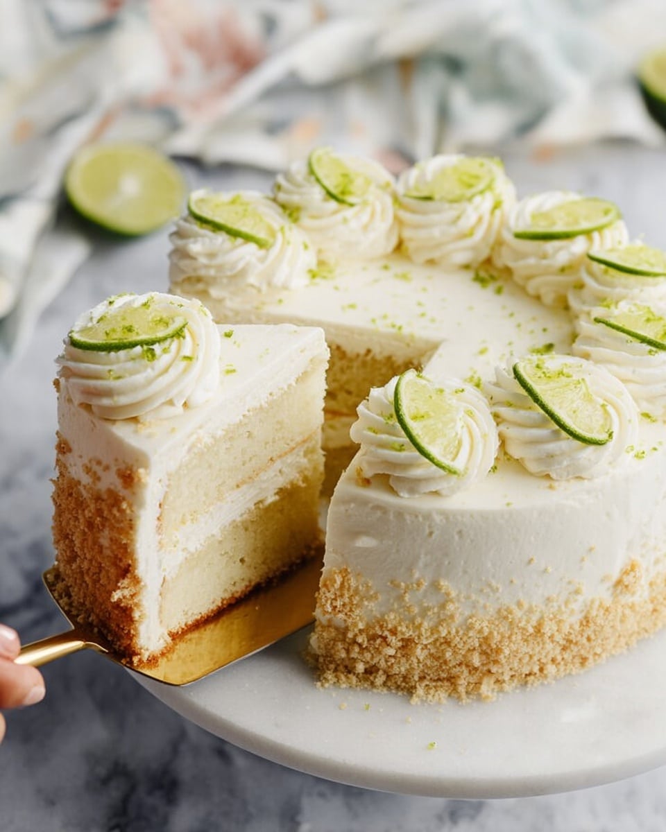 This image shows a small, round cake with two visible layers covered in smooth, creamy light beige frosting that has small green specks. The cake sits on a white marble cake stand with a wooden base. Crushed crumbs form a rough textured border around the bottom part of the cake. The top edge of the cake has swirled piped frosting decorated with thin, bright green lime peel strips arranged in a circle. The background is a white marbled texture with a gray and white cloth and two whole shiny green limes placed to the right side. Photo taken with an iphone --ar 4:5 --v 7