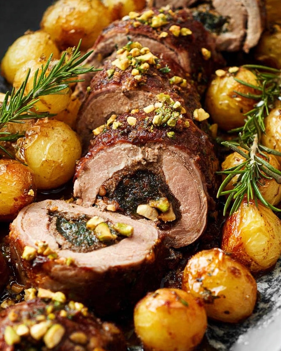 The image shows several thick slices of rolled meat with a dark, textured filling in the center, surrounded by small golden-brown roasted potatoes. The meat outer layer is browned and slightly crispy with chopped bits of green nuts sprinkled on top. Around the meat and potatoes are sprigs of fresh rosemary adding a touch of green. The arrangement is close and somewhat stacked, with the slices placed on top of the roasted potatoes. The background is a white marbled texture. photo taken with an iphone --ar 4:5 --v 7