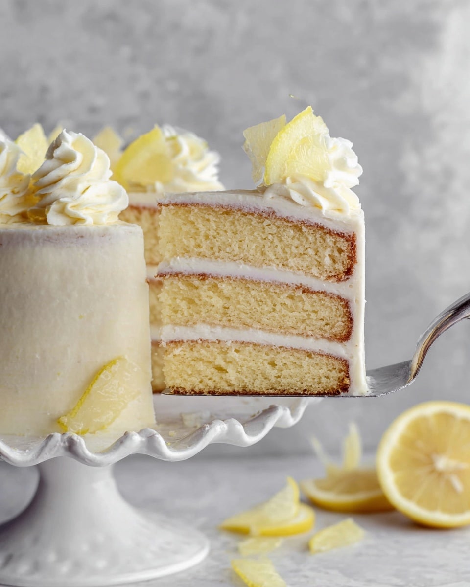 A slice of four-layer light yellow cake with white cream between each layer is lifted by a metal spatula. The outside of the cake is covered with smooth white frosting with delicate cream swirls on top, each swagged with a small piece of pale yellow lemon wedge. The cake sits on a white scalloped-edge cake stand, on a white marbled surface. Thin slices of lemon are scattered around, and the background is a soft gray texture. Photo taken with an iphone --ar 4:5 --v 7