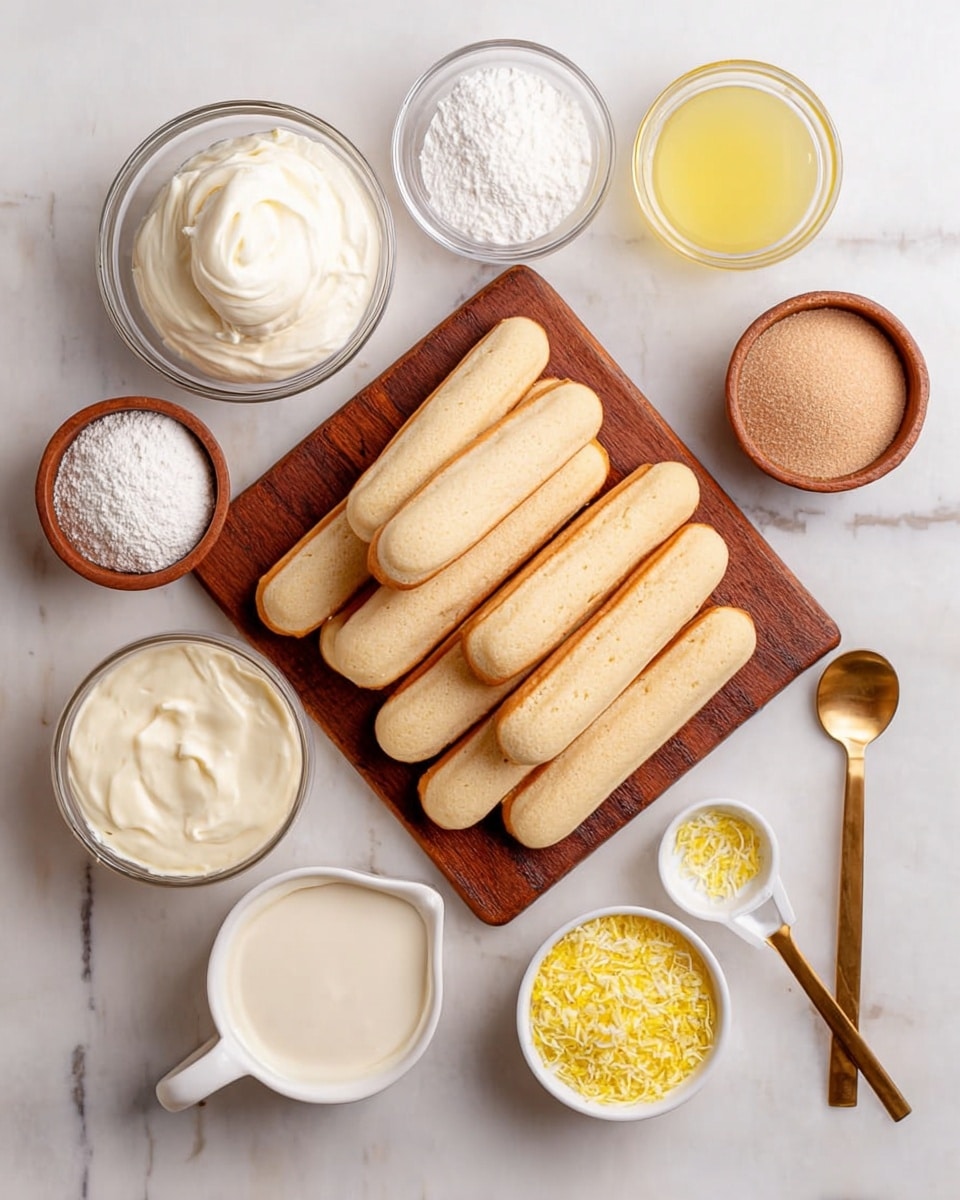 The image shows twenty light-colored ladyfinger biscuits arranged in three overlapping rows on a small wooden board in the middle. Around the board, seven bowls and a measuring cup hold different ingredients: at the top left, a glass bowl filled with thick white cream, next to it a small white bowl with white powder, then a glass bowl with a light yellow liquid, and a brown bowl at the top right with light brown granulated sugar. At the bottom left is a measuring cup with a creamy liquid, next to it a white bowl with thick white cream, and at the bottom right, a small white bowl contains finely grated yellow lemon zest. A golden spoon with a wooden handle lies on the right side near the brown bowl on a white marbled surface. photo taken with an iphone --ar 4:5 --v 7