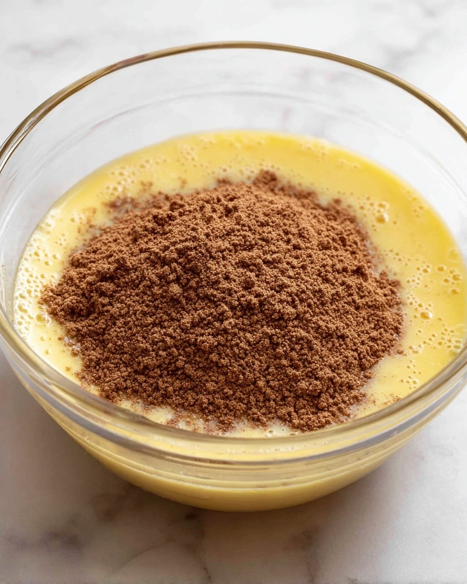 A clear glass bowl sits on a white marbled surface, filled with two distinct layers. The bottom layer is a smooth, yellow mixture with small bubbles visible around the edges, showing a light, creamy texture. On top of this, there is a thick layer of brown, finely ground powder that looks soft and crumbly, almost covering the yellow layer beneath. The sides of the bowl are clear, showing the contrast between the yellow and brown layers clearly. photo taken with an iphone --ar 4:5 --v 7