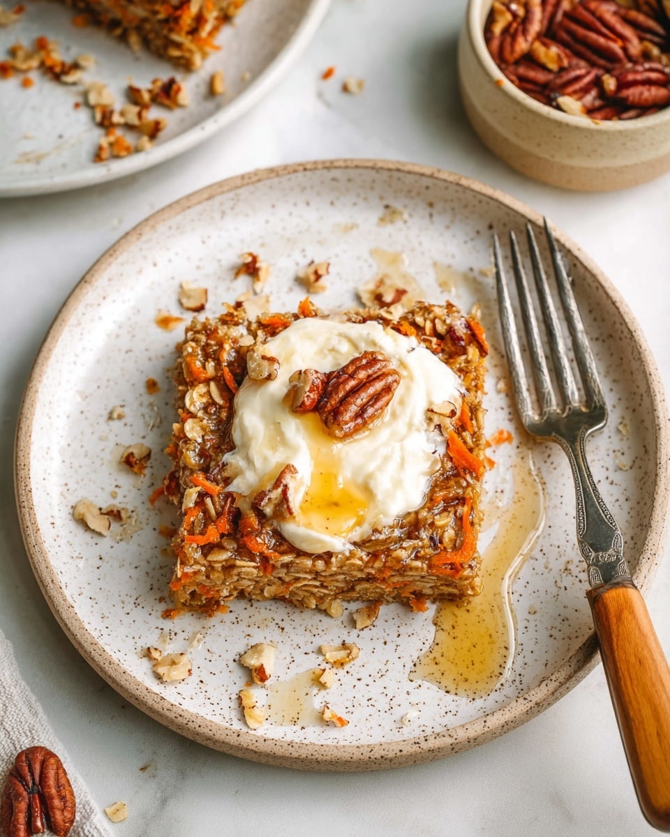 A square piece of oatmeal and carrot cake bar is placed in the center of a white speckled plate. The bar has visible oats, shredded carrots, and chopped pecans mixed throughout, giving it a textured brown and orange look. On top, there is a thick dollop of cream with a drizzle of golden honey and some pecan pieces scattered over it. A silver fork with a wooden handle rests on the right edge of the plate. In the background, a small beige bowl contains more pecan halves. The scene is set on a white marbled surface. photo taken with an iphone --ar 4:5 --v 7