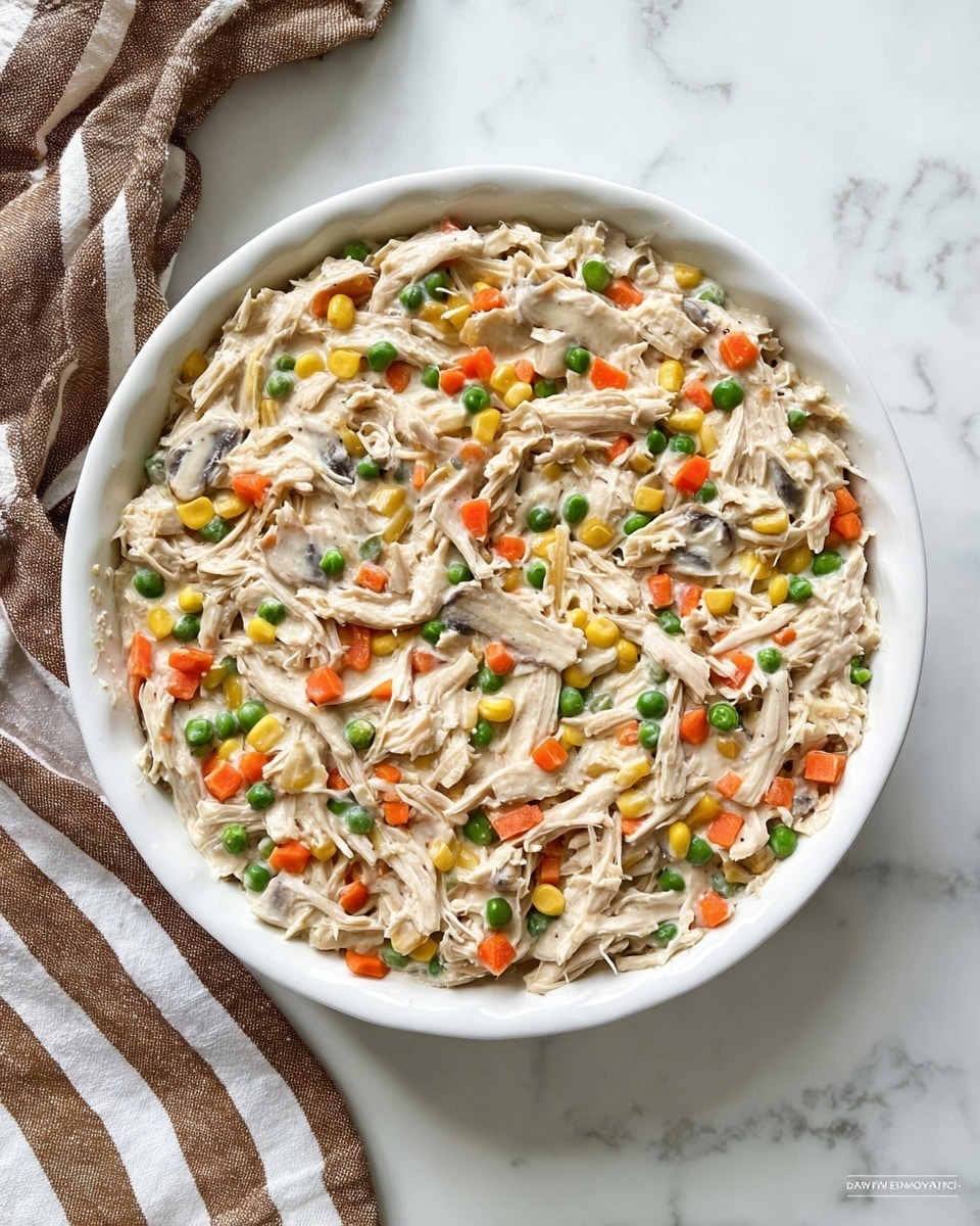 A white round pie dish contains a mixed filling that looks creamy with visible pieces of shredded light beige chicken, orange carrot sticks, green peas, yellow corn, and small bits of mushrooms, all evenly spread within the creamy sauce. The dish sits on a white marbled surface, with a brown and white striped cloth partially visible to the left. The overall look is a smooth, thick, multi-colored mix blending soft textures and vibrant vegetable colors. photo taken with an iphone --ar 4:5 --v 7
