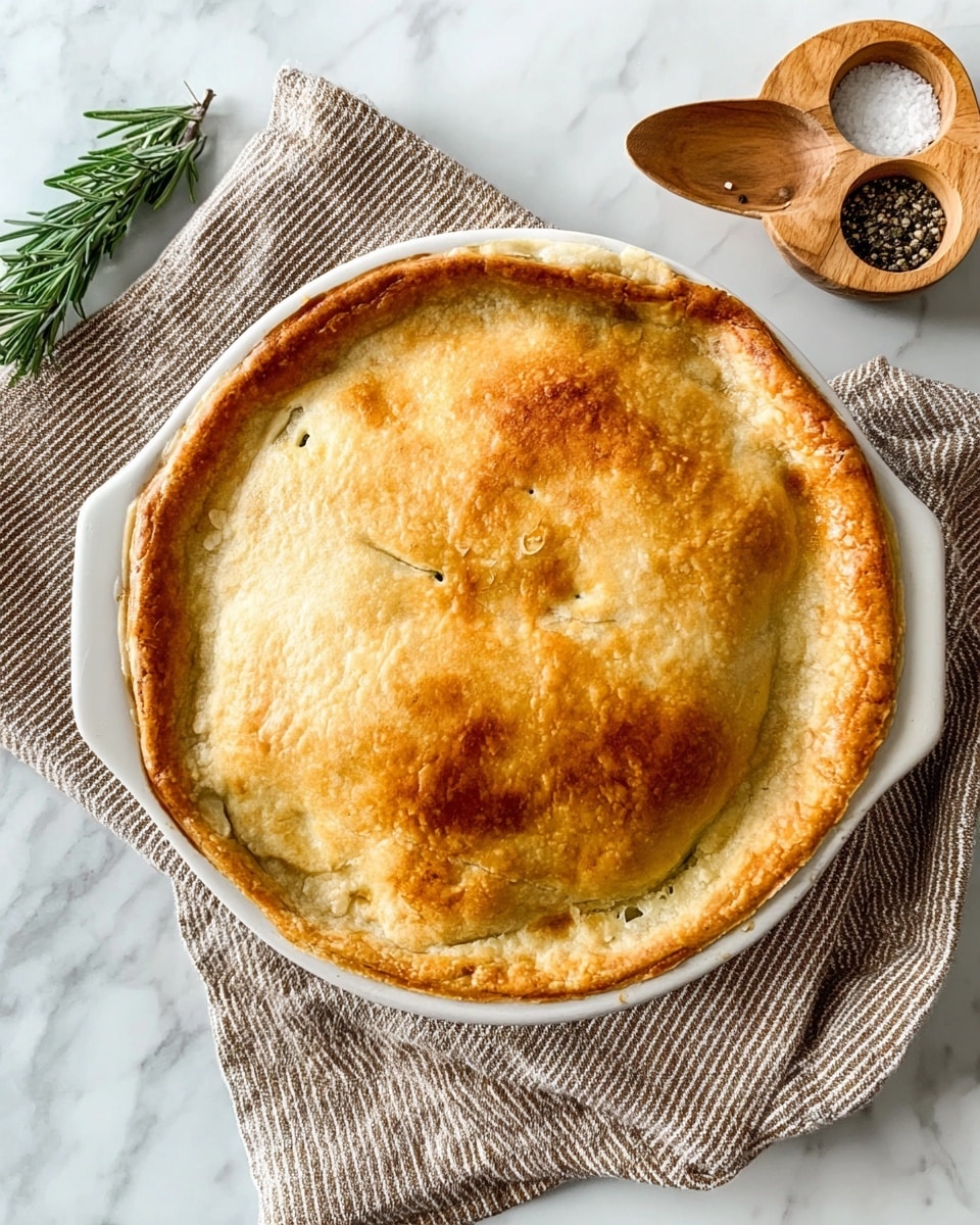 A round pie with a golden brown, slightly cracked crust fills a white ceramic dish. The crust is smooth with small raised areas where steam escaped during baking. The pie has a thick, firm surface with some browning at the edges where the crust meets the dish. The dish sits on a brown-striped cloth on a white marbled surface. Near the top right of the image, a wooden container holds a small wooden spoon with salt and black pepper in two round sections. A small green sprig of rosemary is placed beside the pie on the left. Photo taken with an iphone --ar 4:5 --v 7