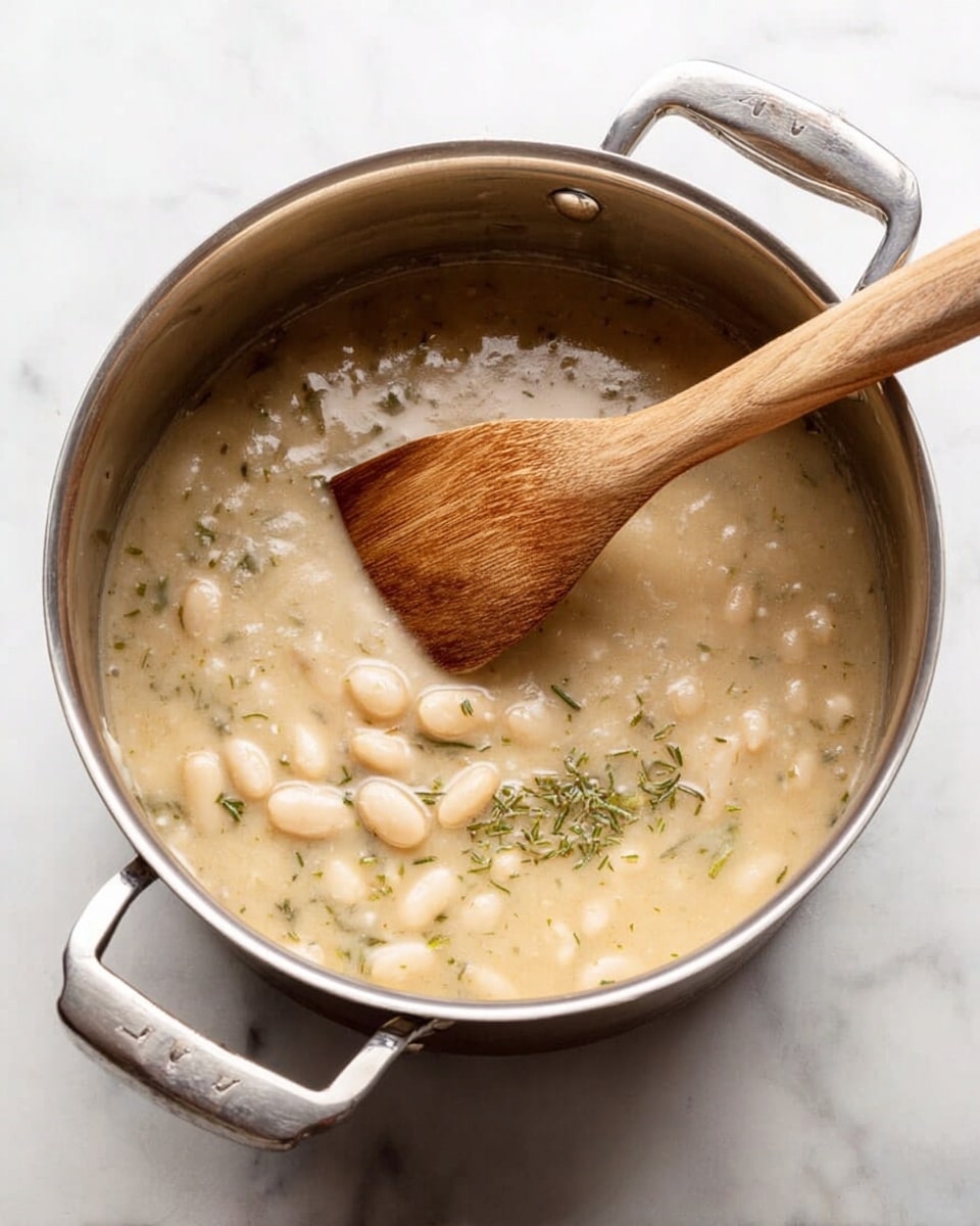 A shiny metal pot filled with thick light beige soup that has small white beans and green herb bits mixed inside. A wooden spoon with a flat edge stirs the soup, its handle resting across the pot's top edge. The pot has two round handles and sits on a white marbled surface. Photo taken with an iphone --ar 4:5 --v 7