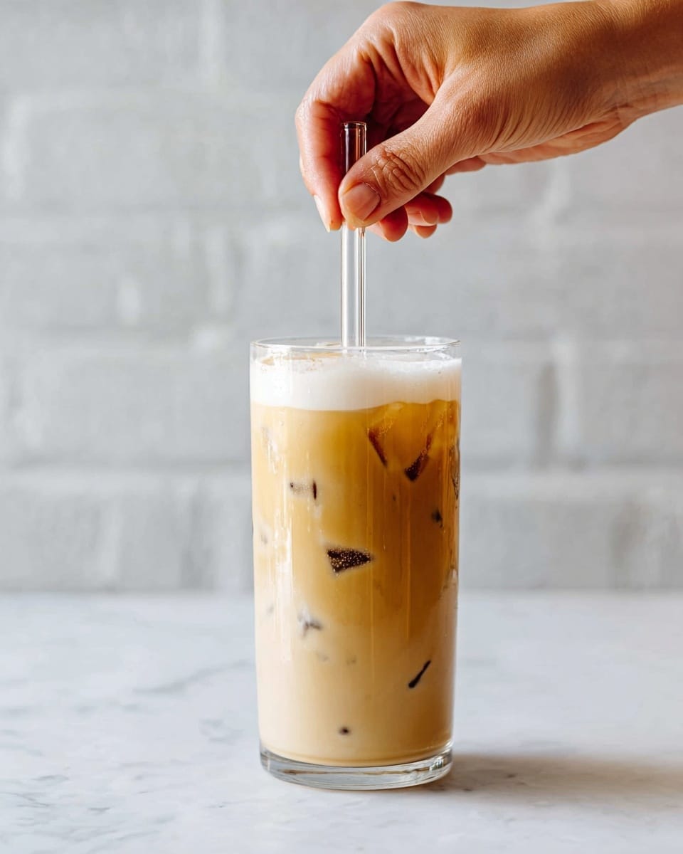 A clear tall glass filled with a creamy light brown iced drink showing several dark brown ice cubes scattered inside and a thick white foam layer on top. A woman's hand is holding a clear glass straw that is inside the glass, slightly touching the foam. The glass sits on a white marbled surface with a white brick wall background. photo taken with an iphone --ar 4:5 --v 7
