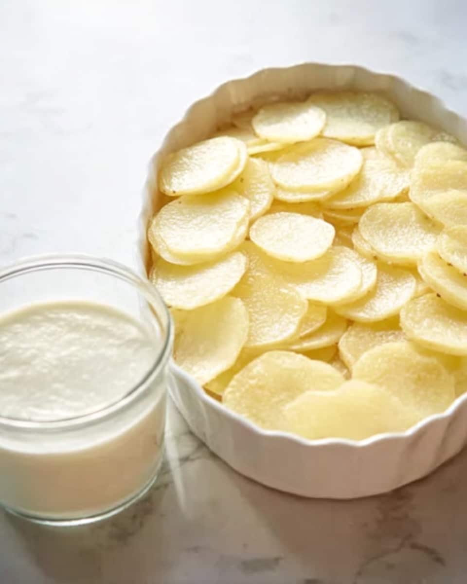 The image shows a white dish filled with thin, round slices of light yellow potatoes arranged in overlapping layers, covering the entire base of the dish. In front of the dish, a glass container holds smooth, creamy white sauce, ready to be poured over the potatoes. The setting features a white marbled surface with soft lighting highlighting the delicate texture of the potato slices and the thick sauce. Photo taken with an iphone --ar 4:5 --v 7